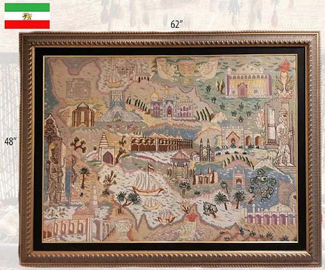 Iran, Tabriz Hand Knotted Silk Large Persian Rug 'Map Of Iran'