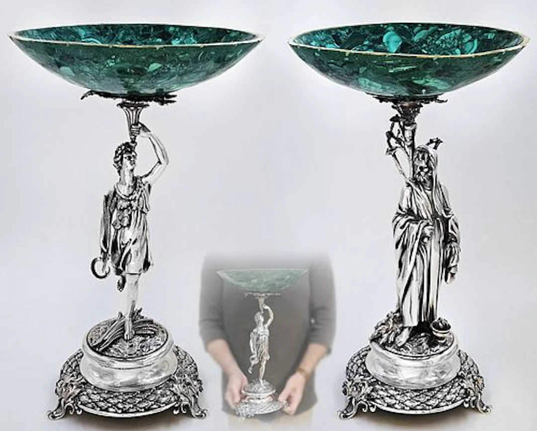 Pair Of 19th C. Figural Silver-Plate with Malachite Centerpieces / Taza