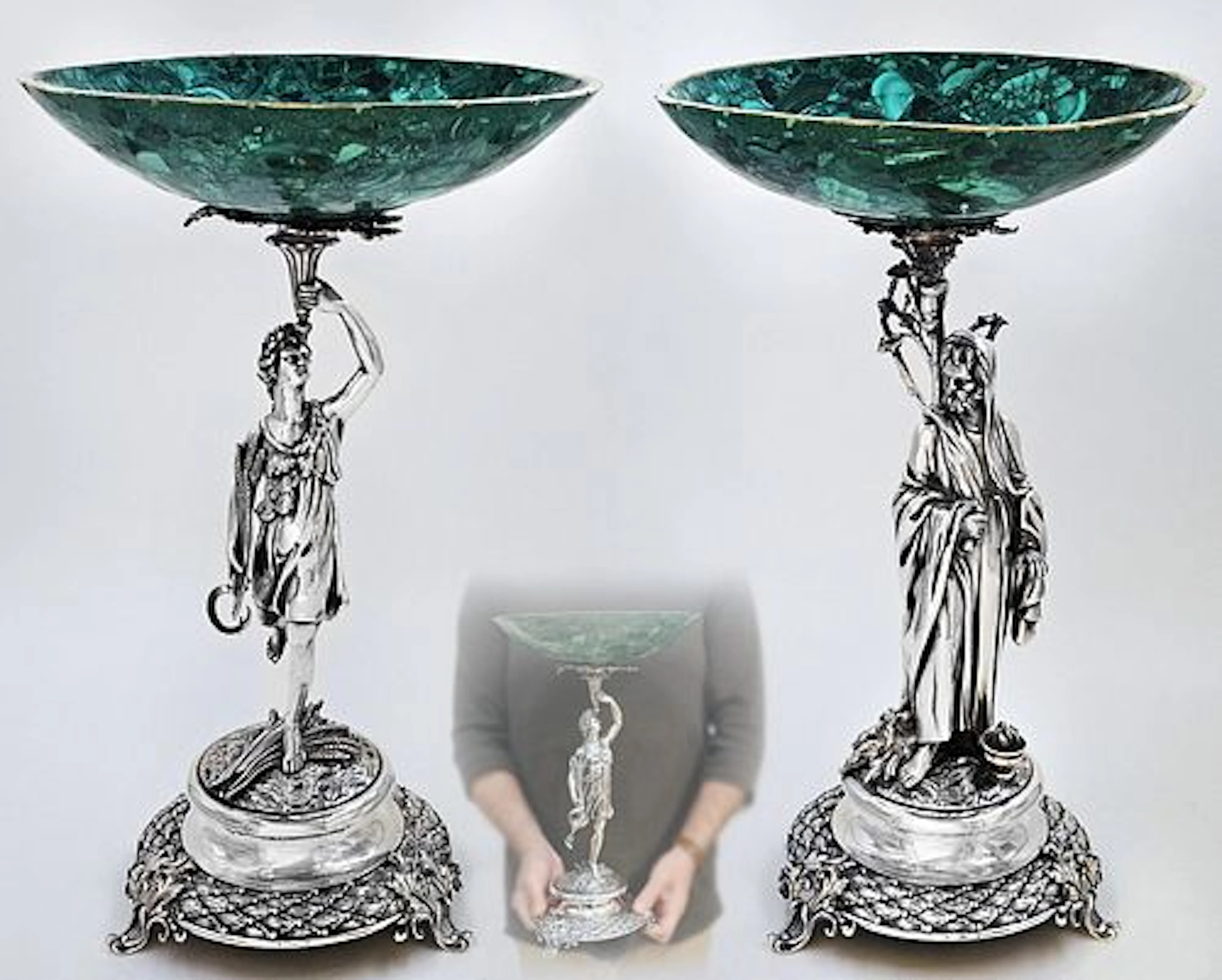 Pair Of 19th C. Figural Silver-Plate with Malachite Centerpieces / Taza