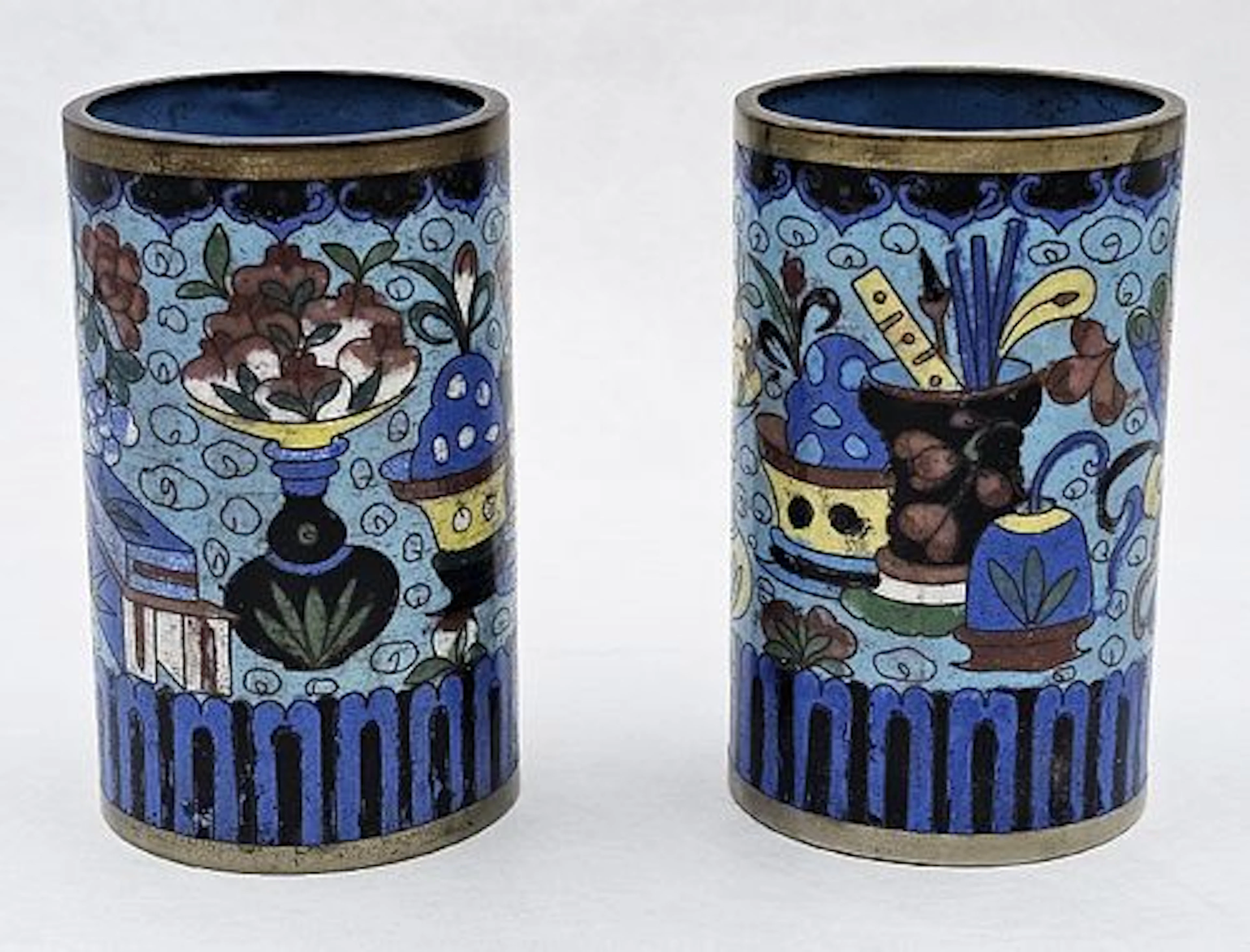 Pair Of 19th C. Unique Pattern Chinese Bronze Cloisonne Brush Pot \ Vase
