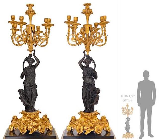Large Pair Of 19th C. French Louis XVI Style Figural Patinas Bronze Candelabras