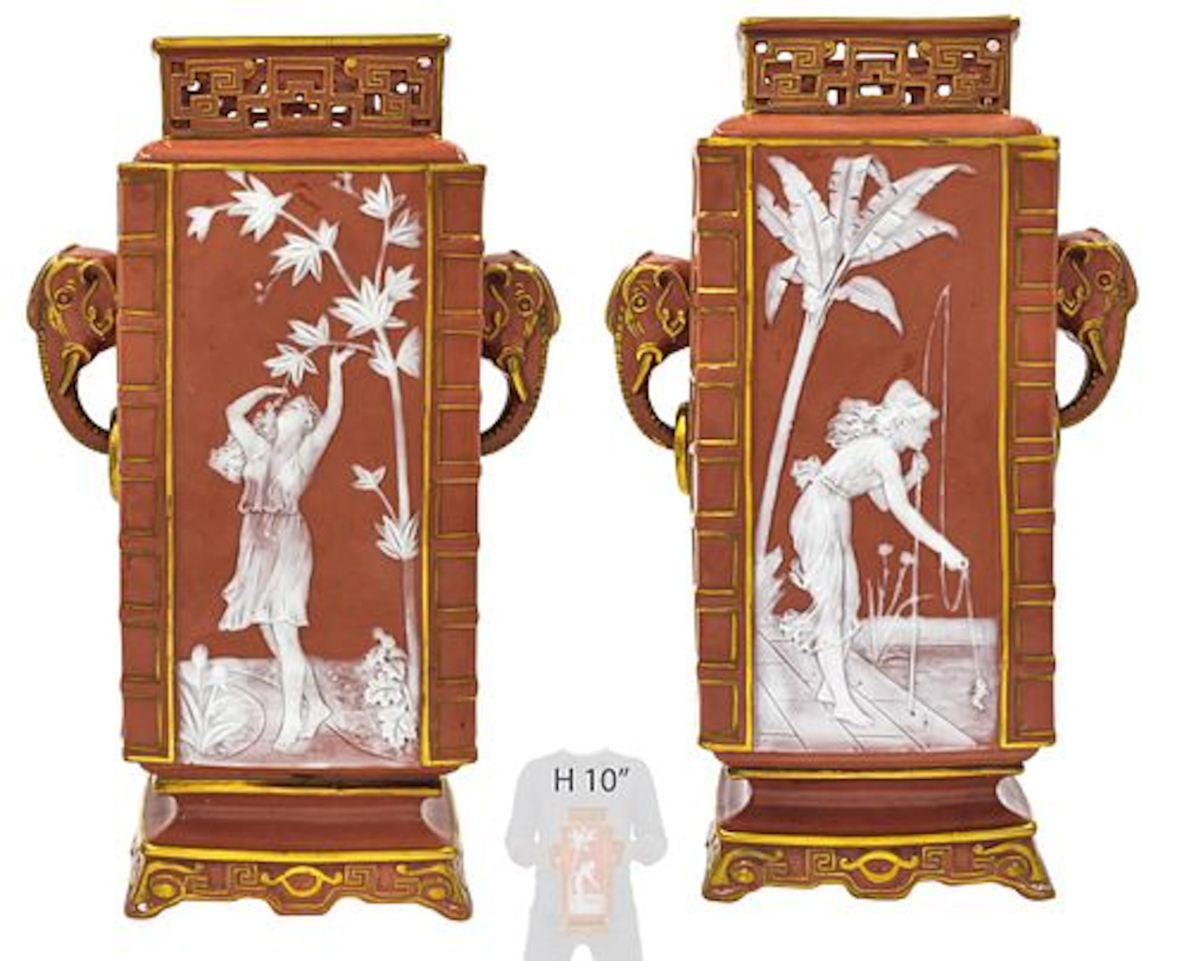 Pair Of Rare Pink Minton Style Pate-Sur-Pate Rectangular Vases