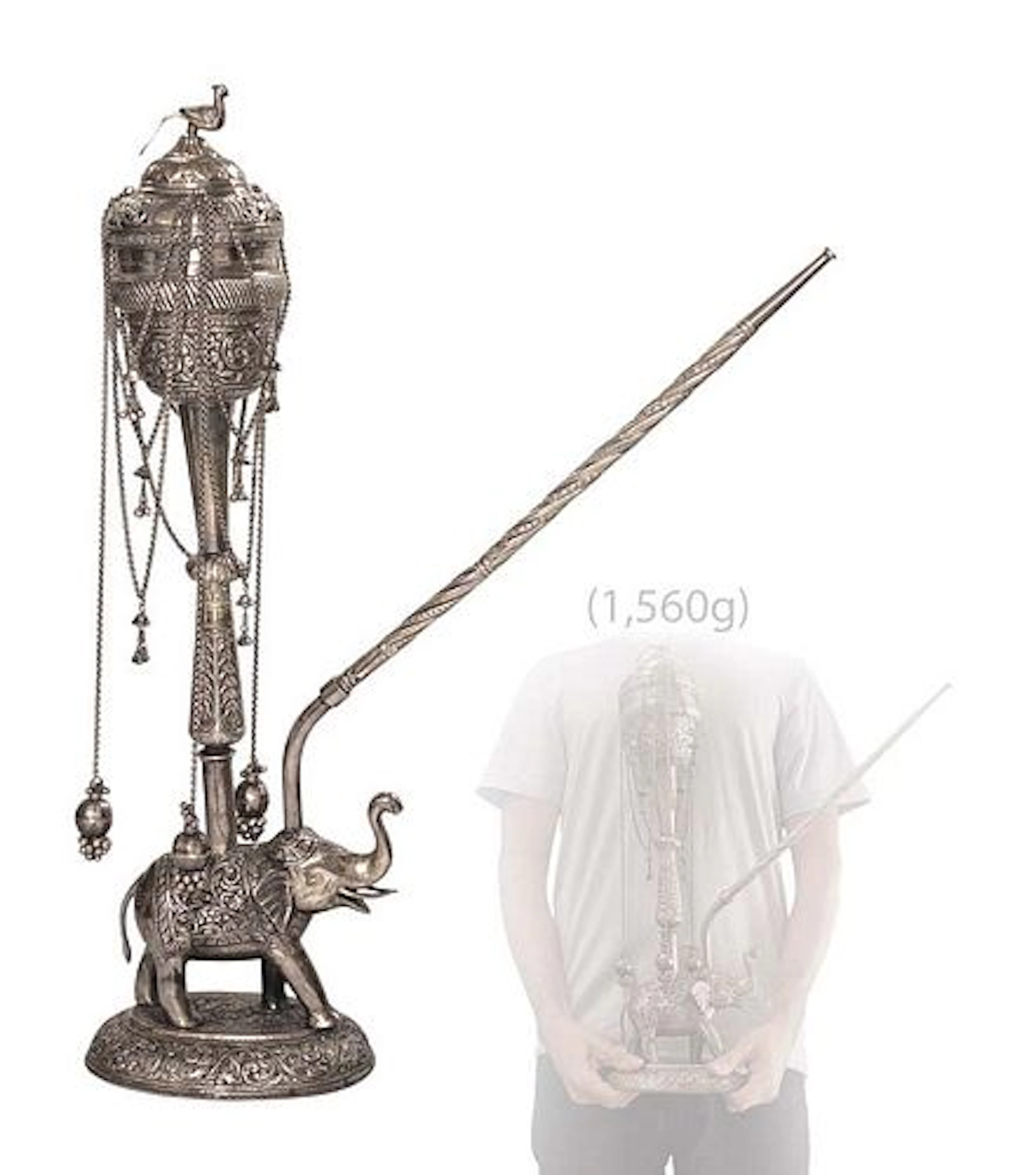 19th C. Indian Elephant Sterling Silver (1,560g) Hookah