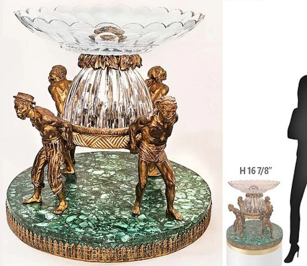 19th C. Figural Gilt Bronze Centerpiece With Gilded Malachite Base Crystal Bowl