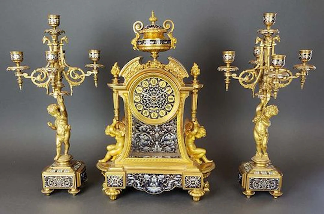 Exquisite French Champleve Enamel & Bronze Clock set