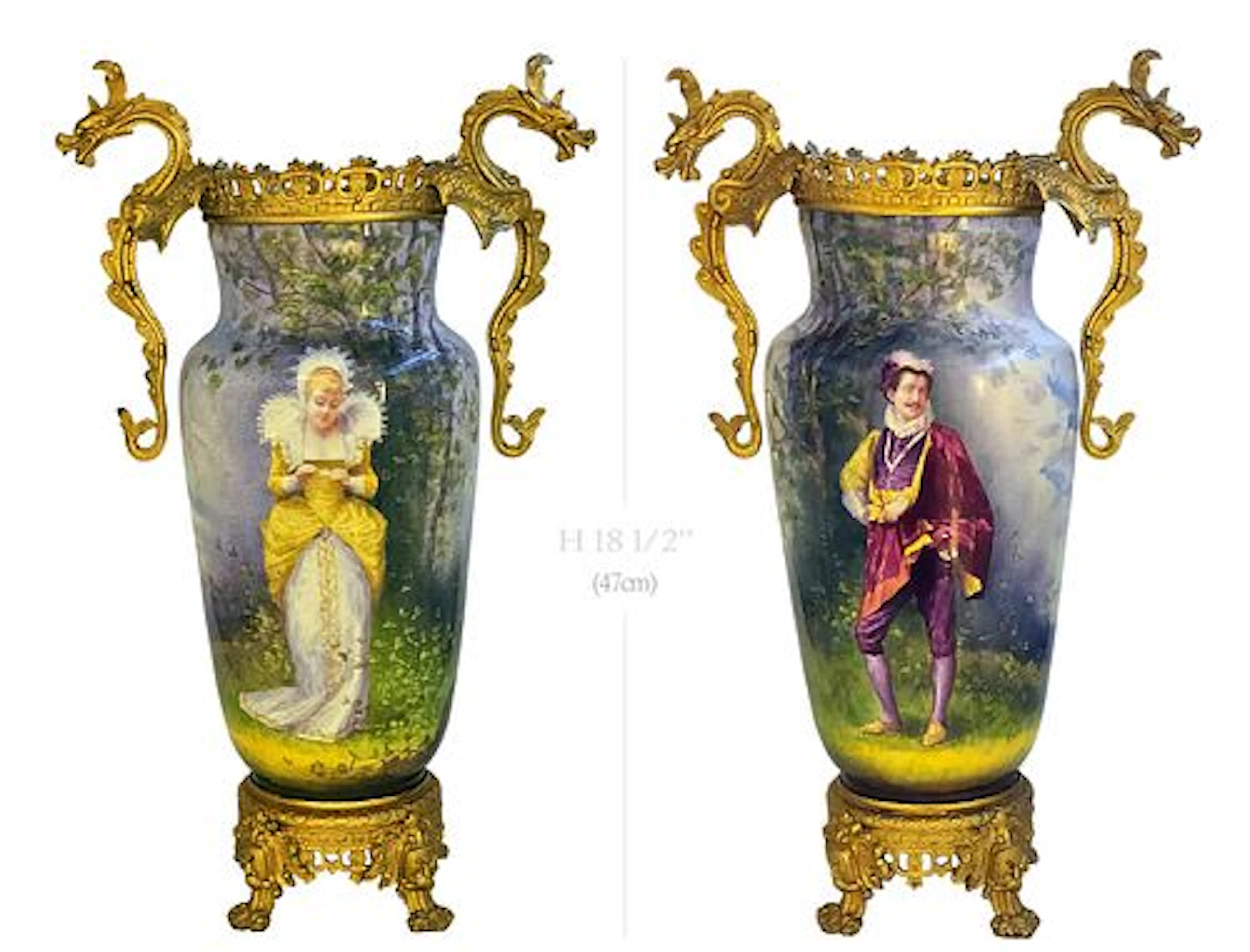 Pair Of 19th C. French Hand Painted Sevres Style Mounted Figural Dragon
