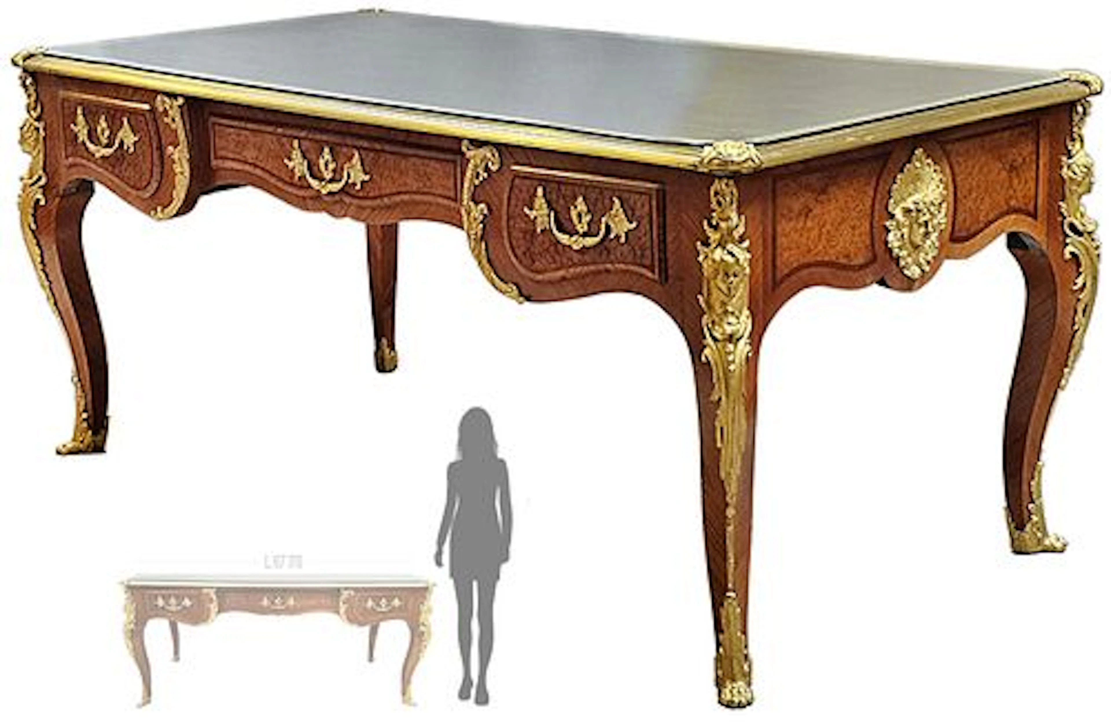 Late 19th C. Leather Top Linke Style Kingwood & Gilt Bronze Figural Desk