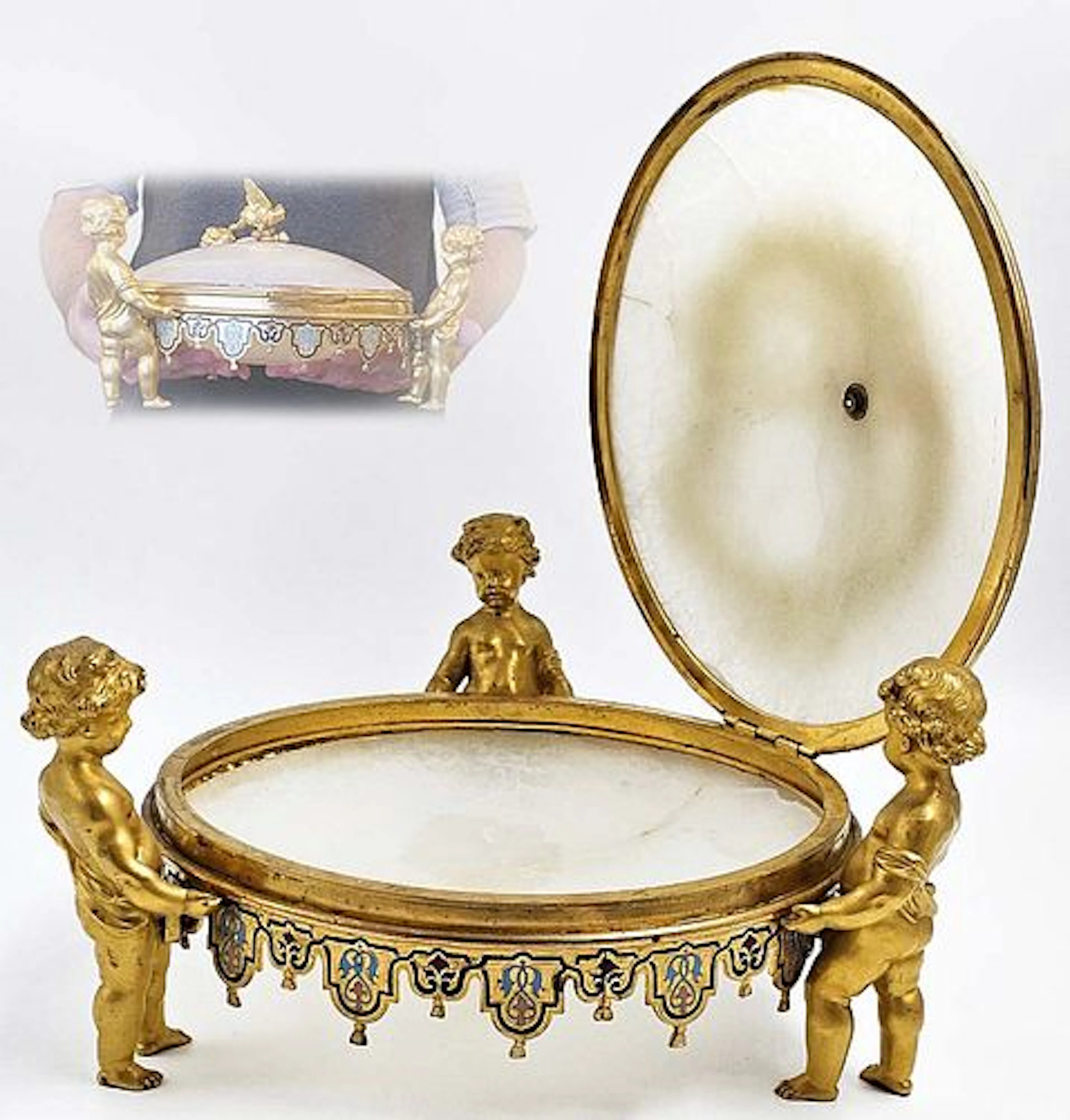 19th C. Champleve French Enamel Alabaster Figural Bronze Centerpiece