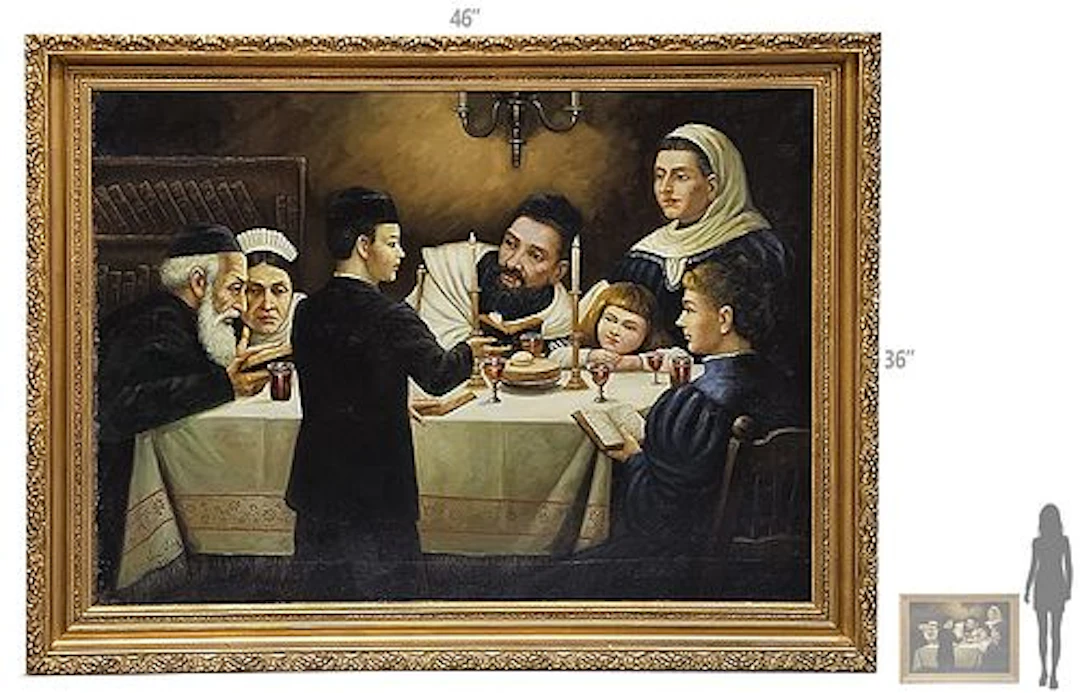 Large Oil On Canvas 'Sabbath Dinner' Judaica Painting, Signed