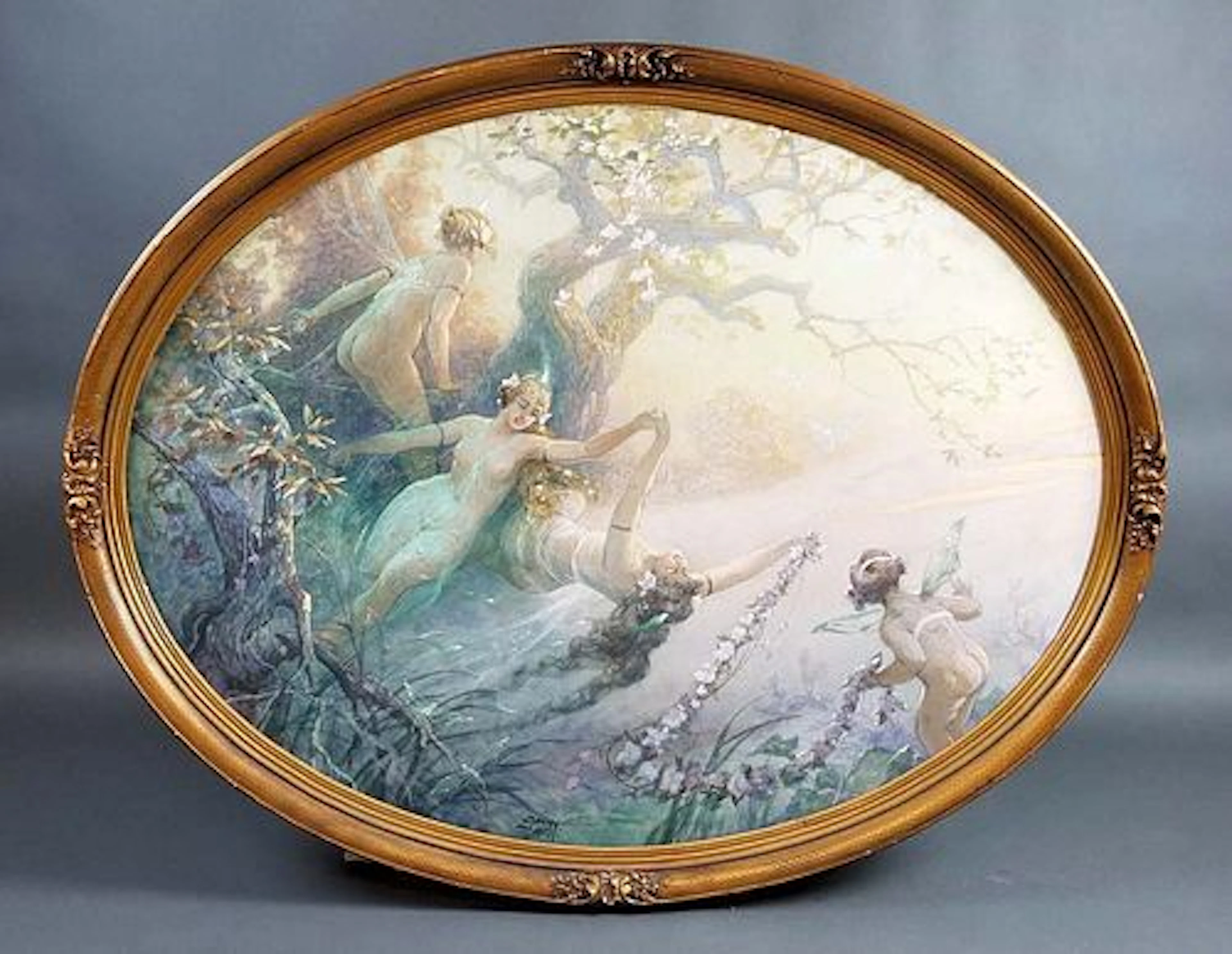 Large Georg Janny Oval Painting "Female Angels" Signed