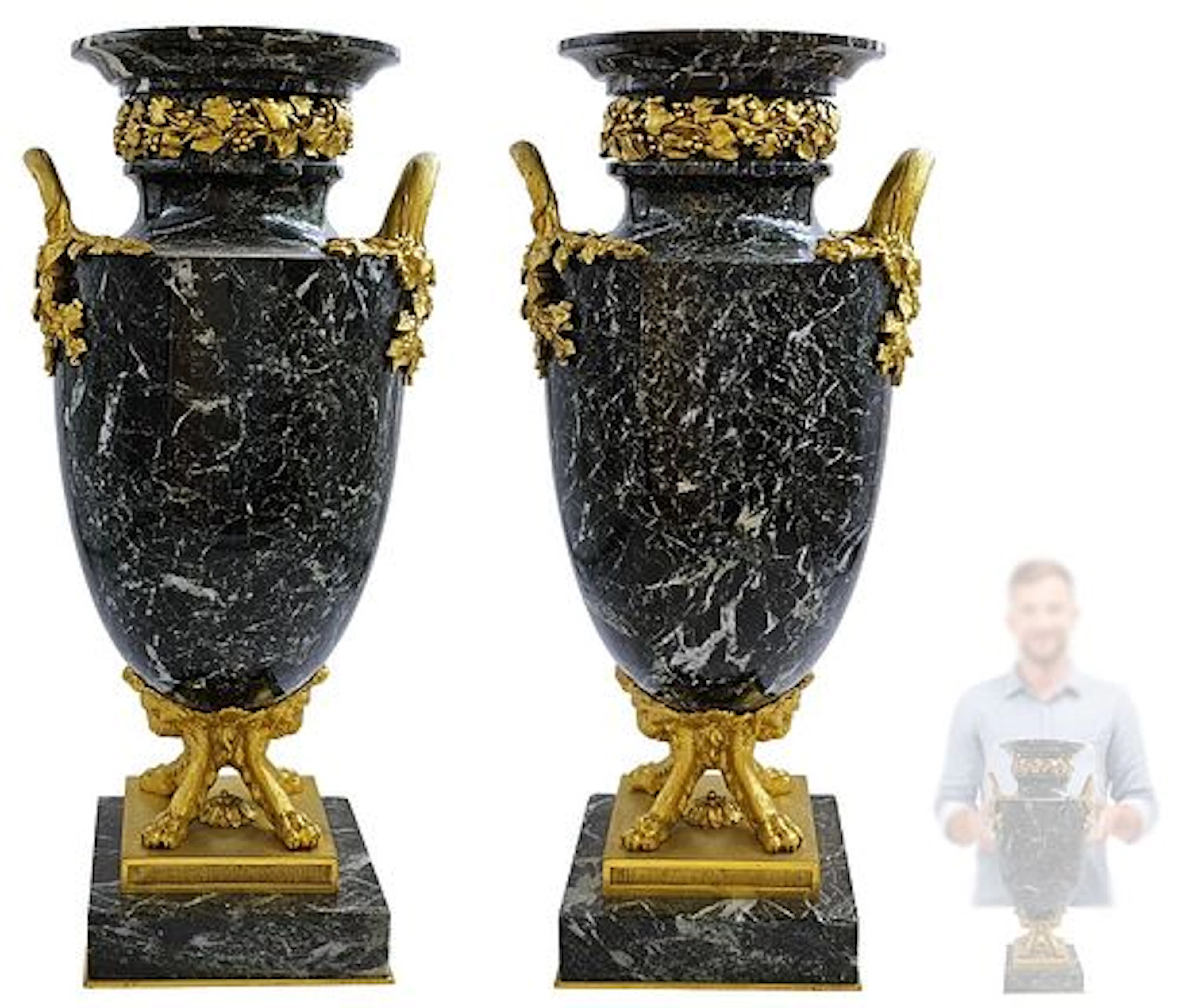 19th Century Pair of Figural Ormolu Mounted Marble Urns