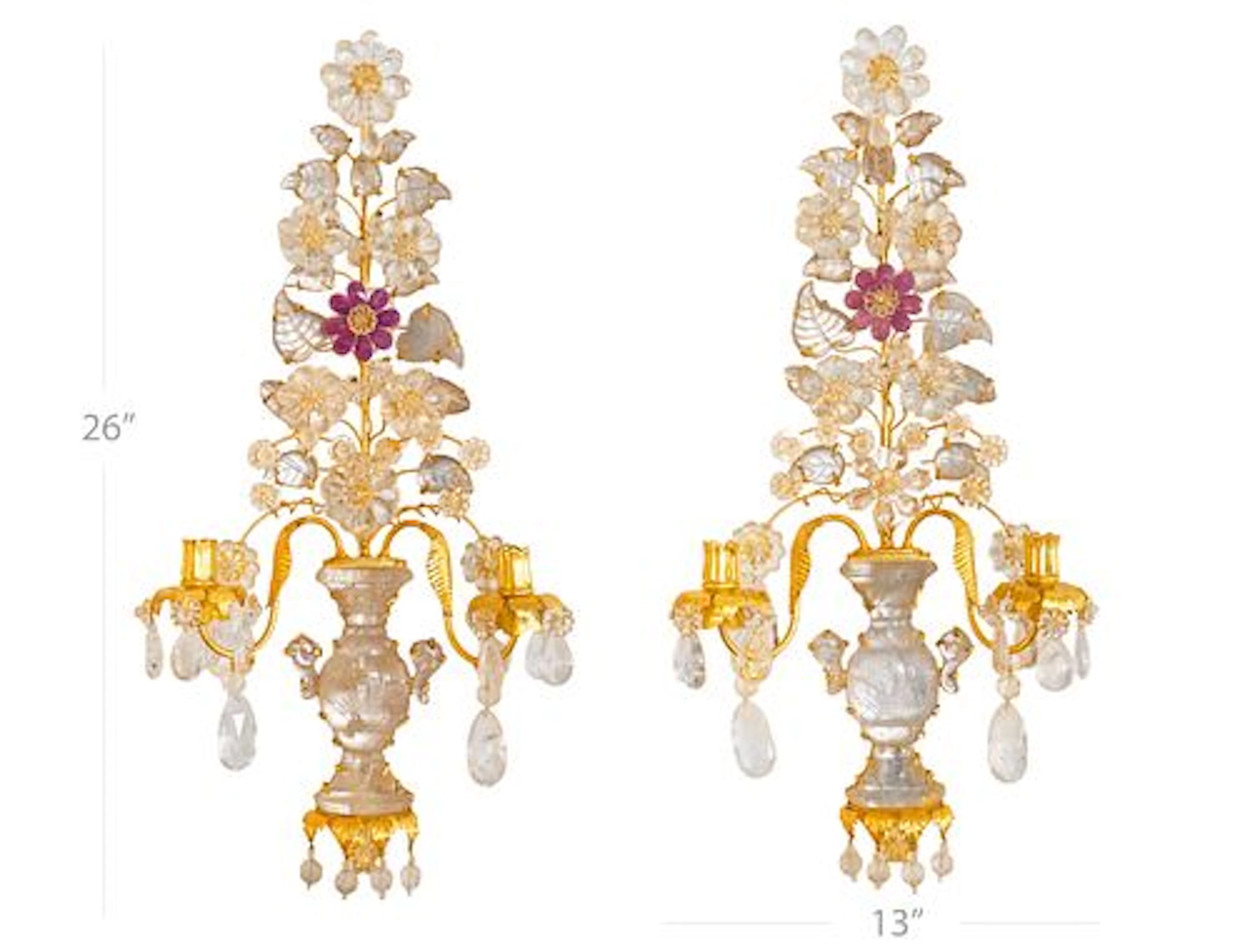 Pair Of Large Maison Bagues Style Rock Crystal Two-Arm Gilt Sconces