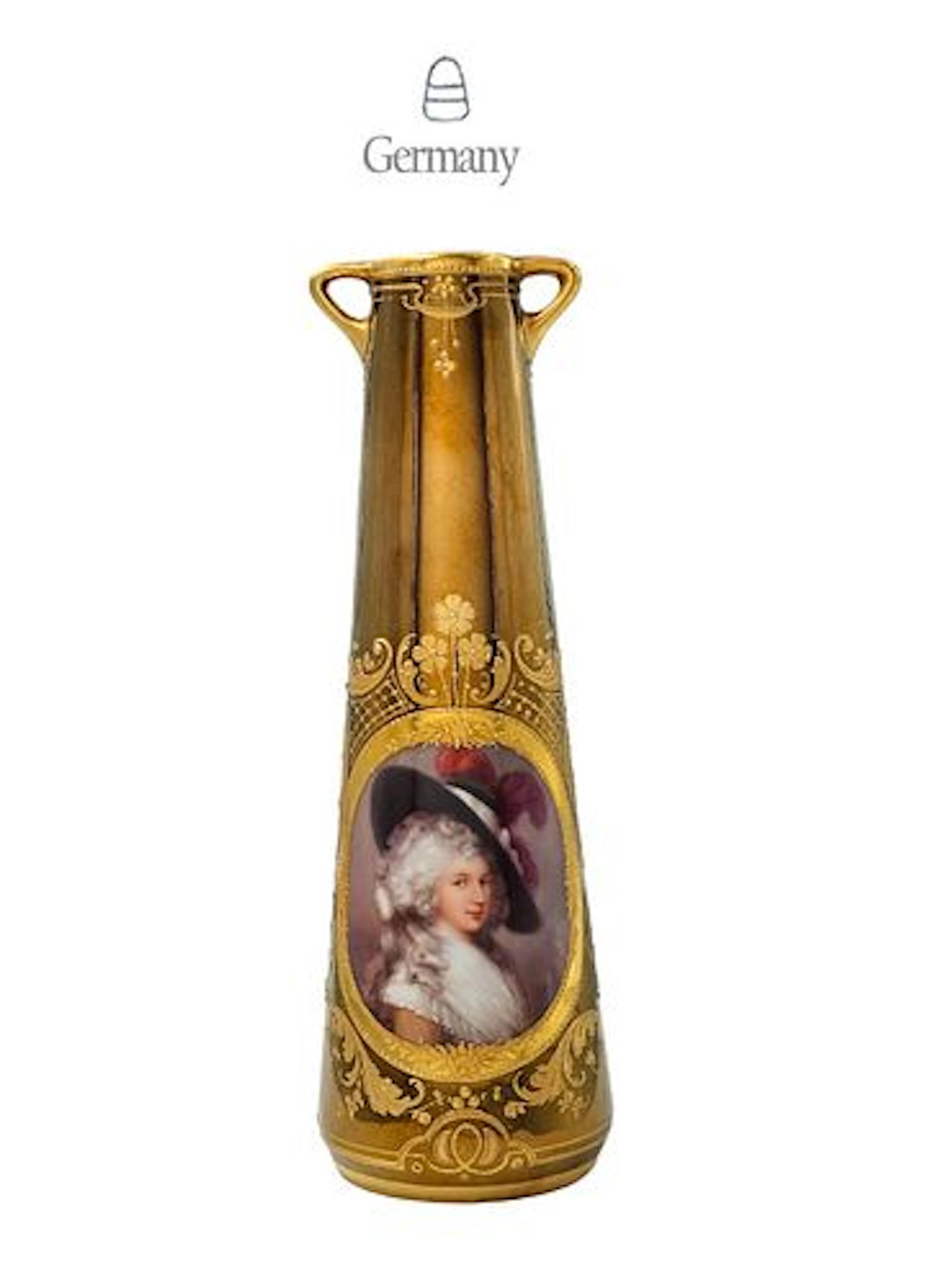 19th C. Royal Vienna Hand Painted "Georgiana Cavendish" Gold Gilded Vase
