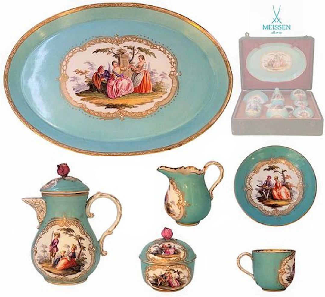 Set Of Six 19th C. Meissen Porcelain Tea Set With Original Box