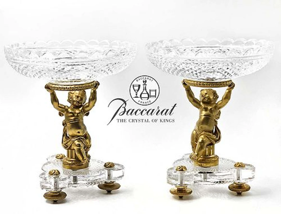 Pair Of 19th C. French Gilt Baccarat Figural Bronze With Baccarat