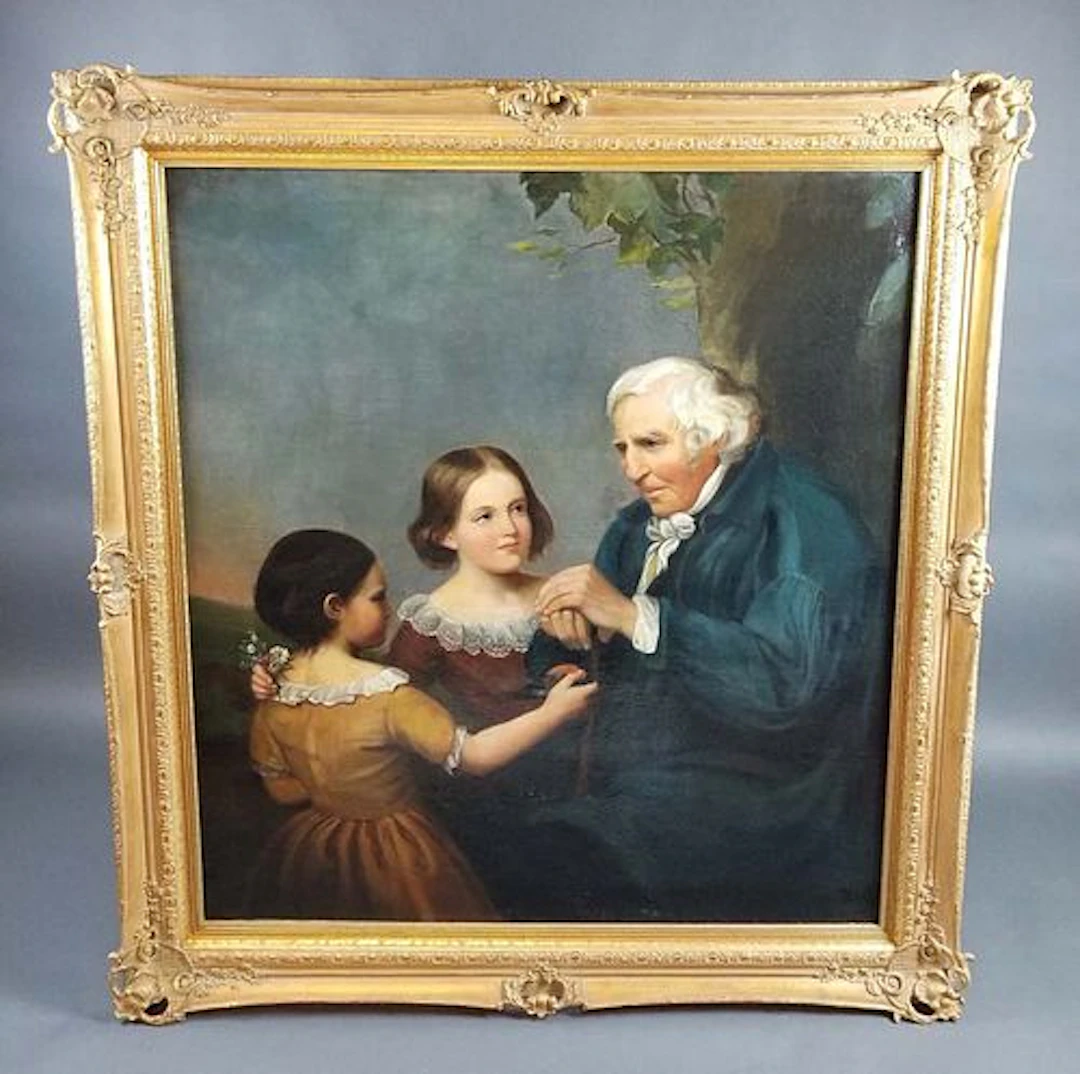 19th C. Large Painting of Grandfather and Children
