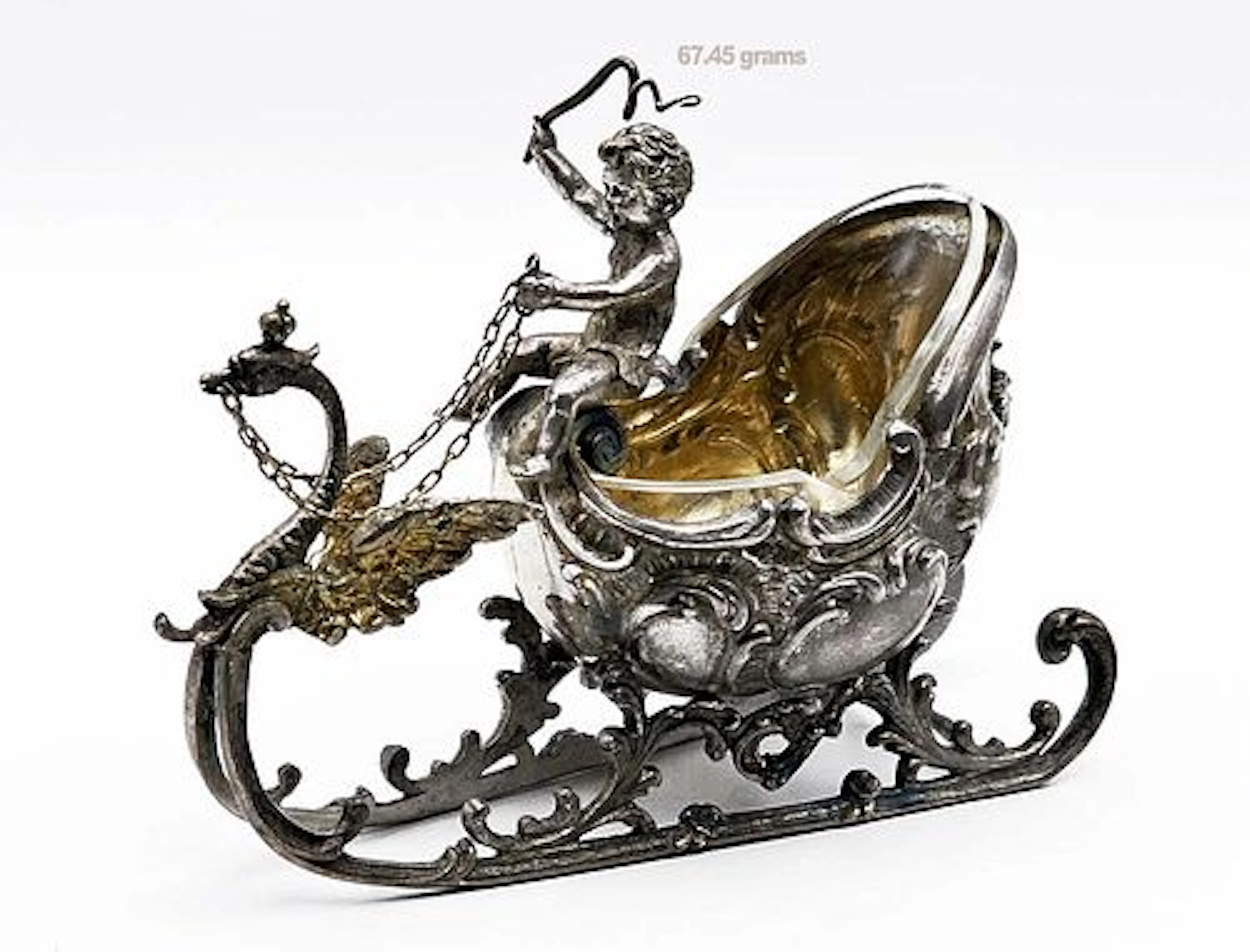 Silver Salt & Pepper Sleigh Cup With A Cherub