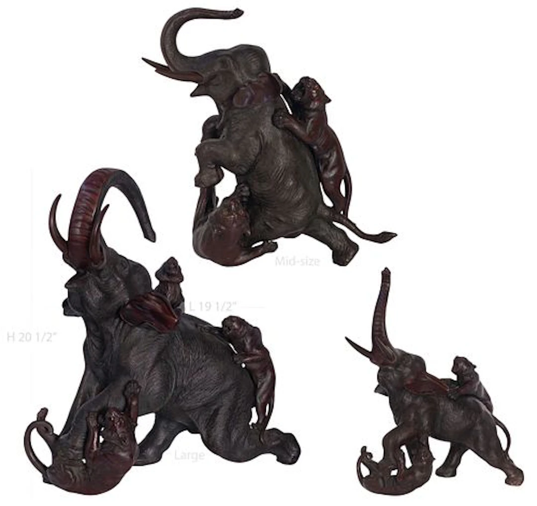 Japanese Meiji Bronze Trio Elephant Fighting Tigers Group sculpture