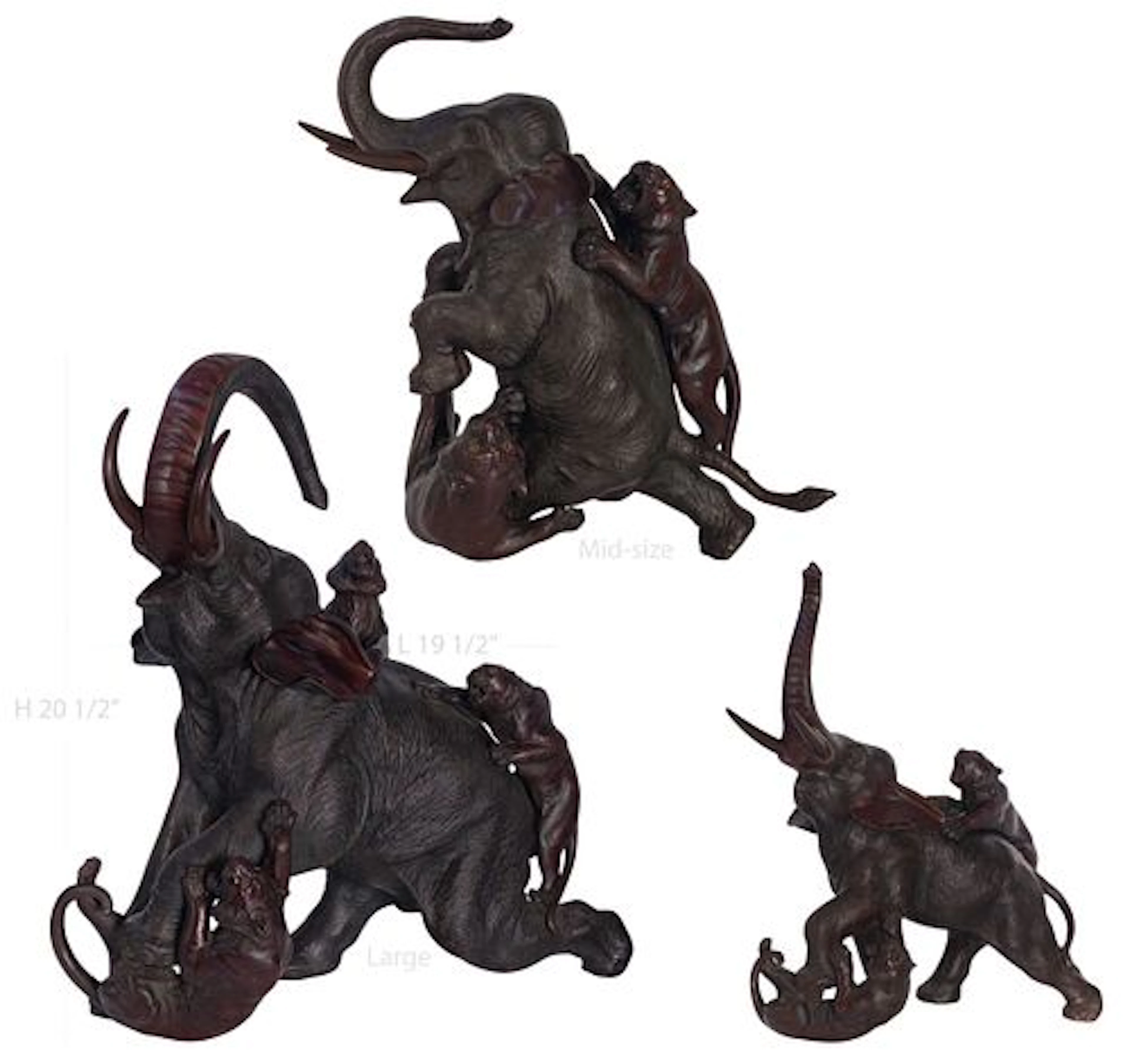 Japanese Meiji Bronze Trio Elephant Fighting Tigers Group sculpture