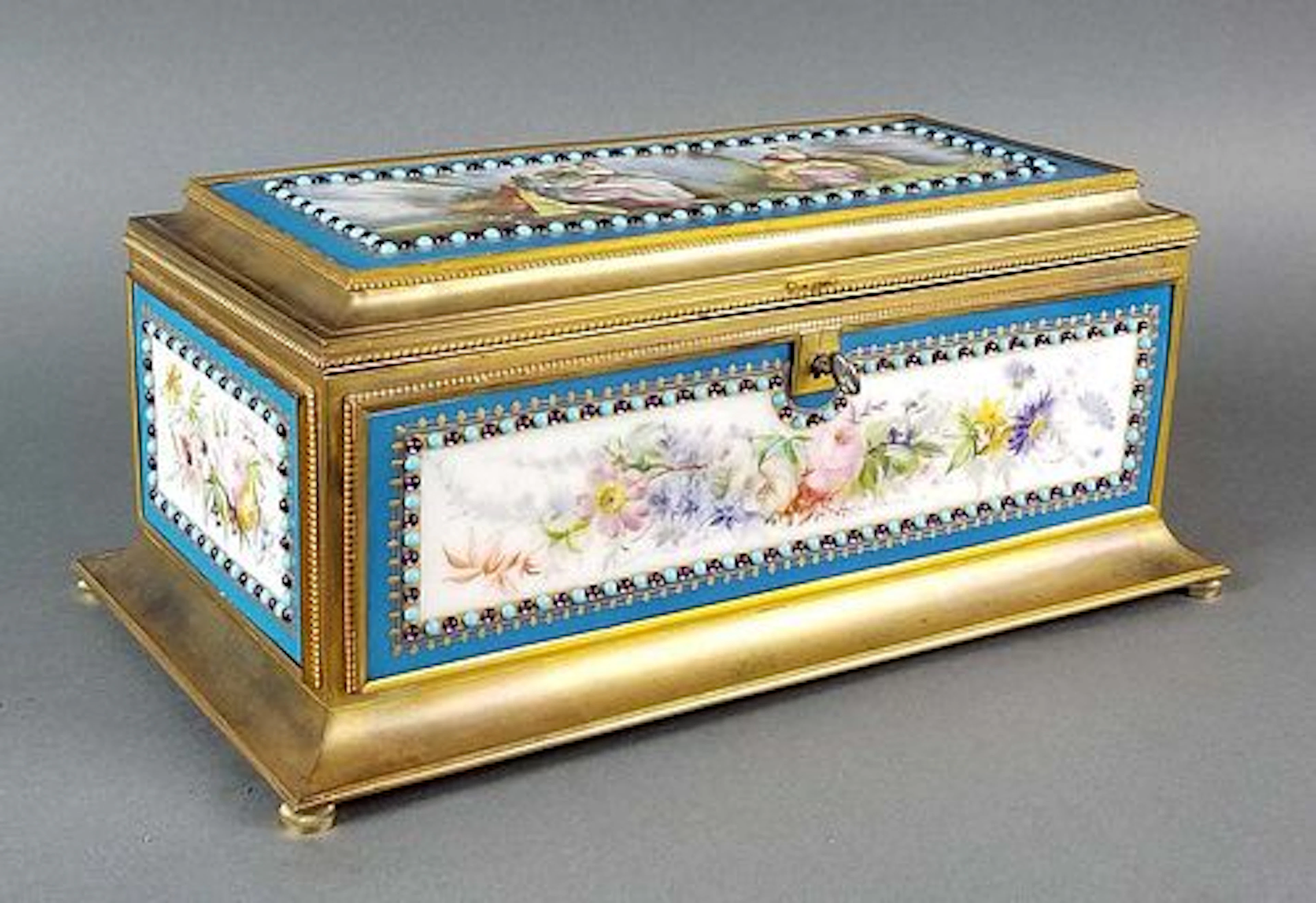 Large Sevres Porcelain and Bronze Jeweled Jewelry Box