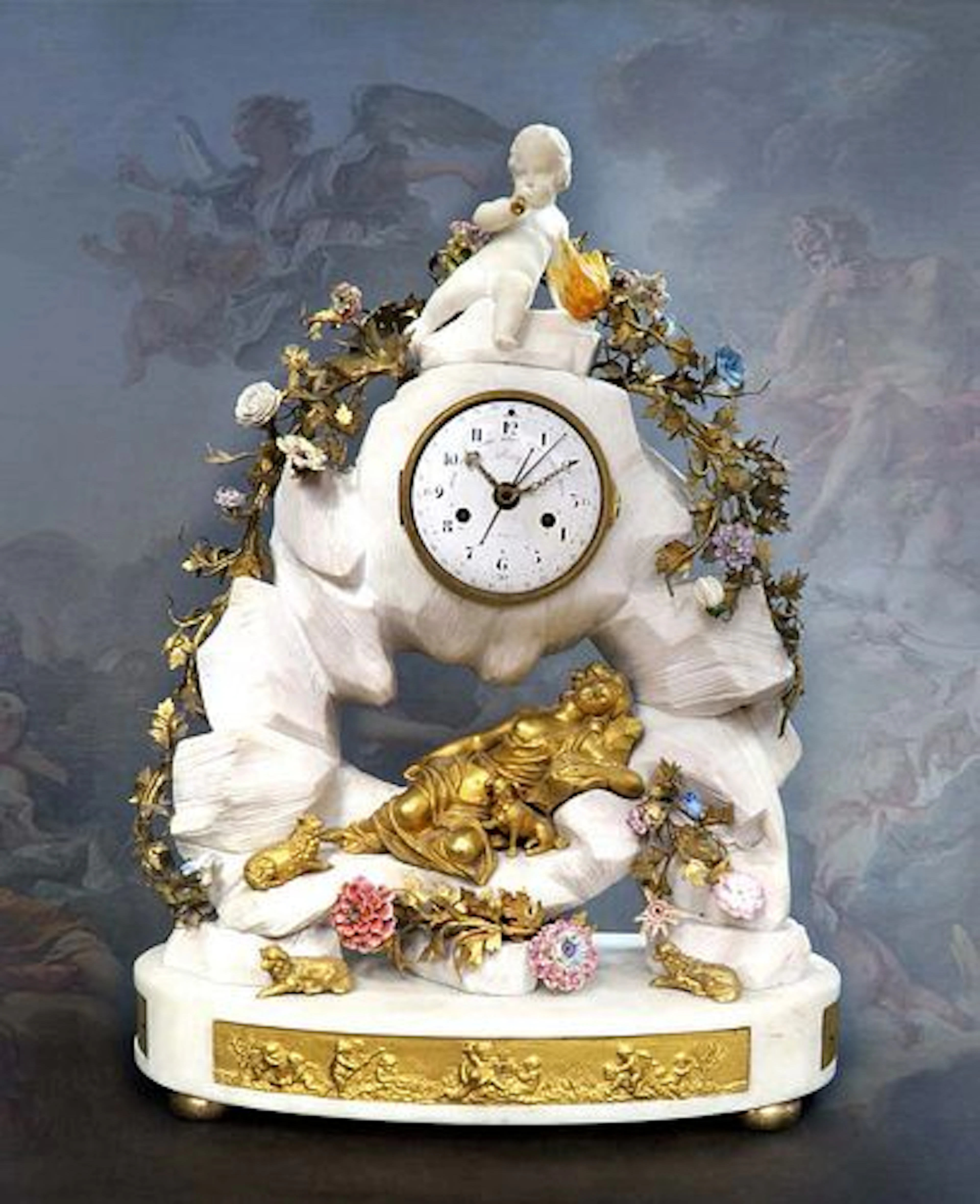 Large 19th C Marble Figural Enamel Gilt Bronze Mantel