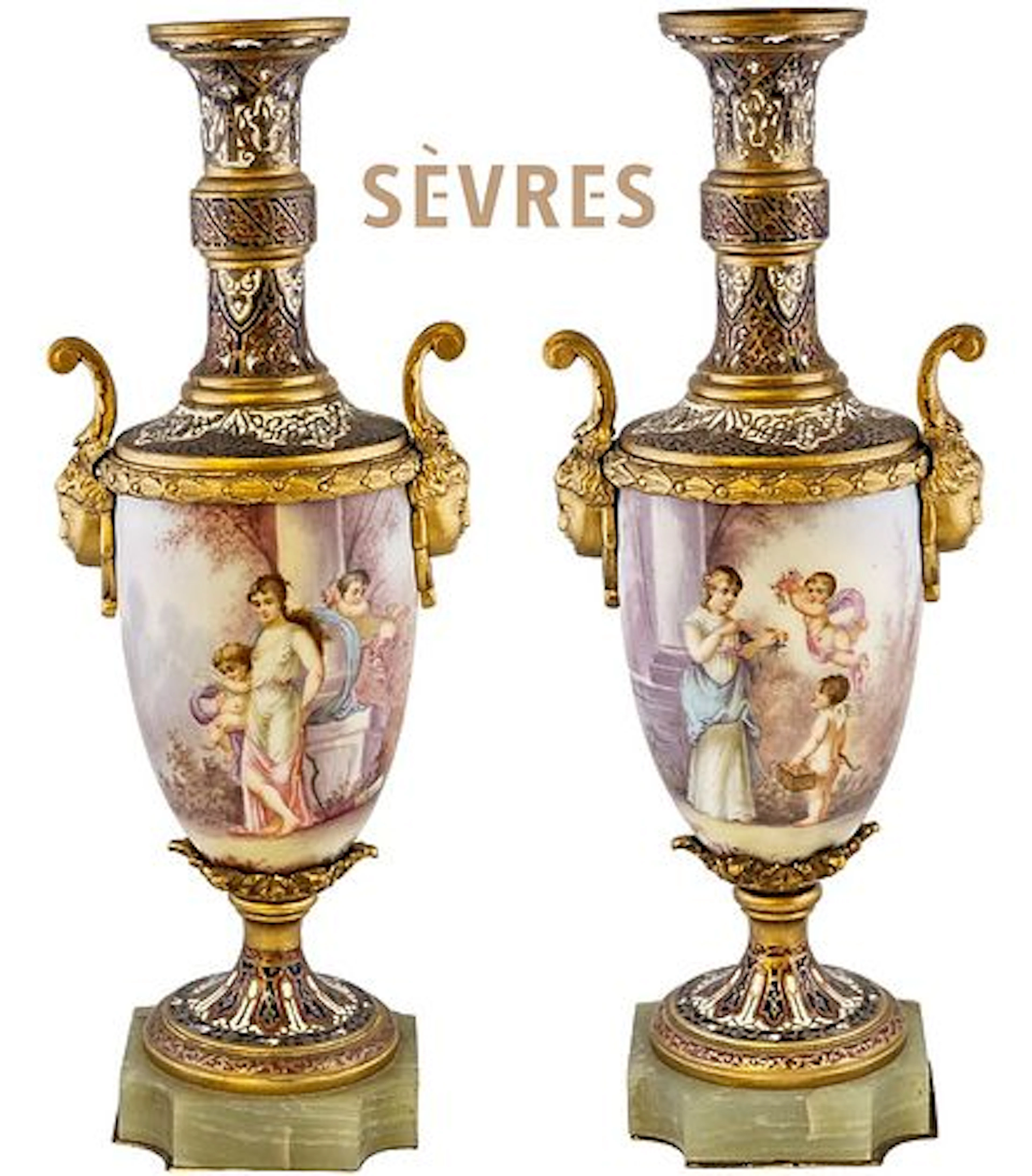 19th C. Bronze Mounted Figural French Hand Painted Sevres Baroque Urns, Signed