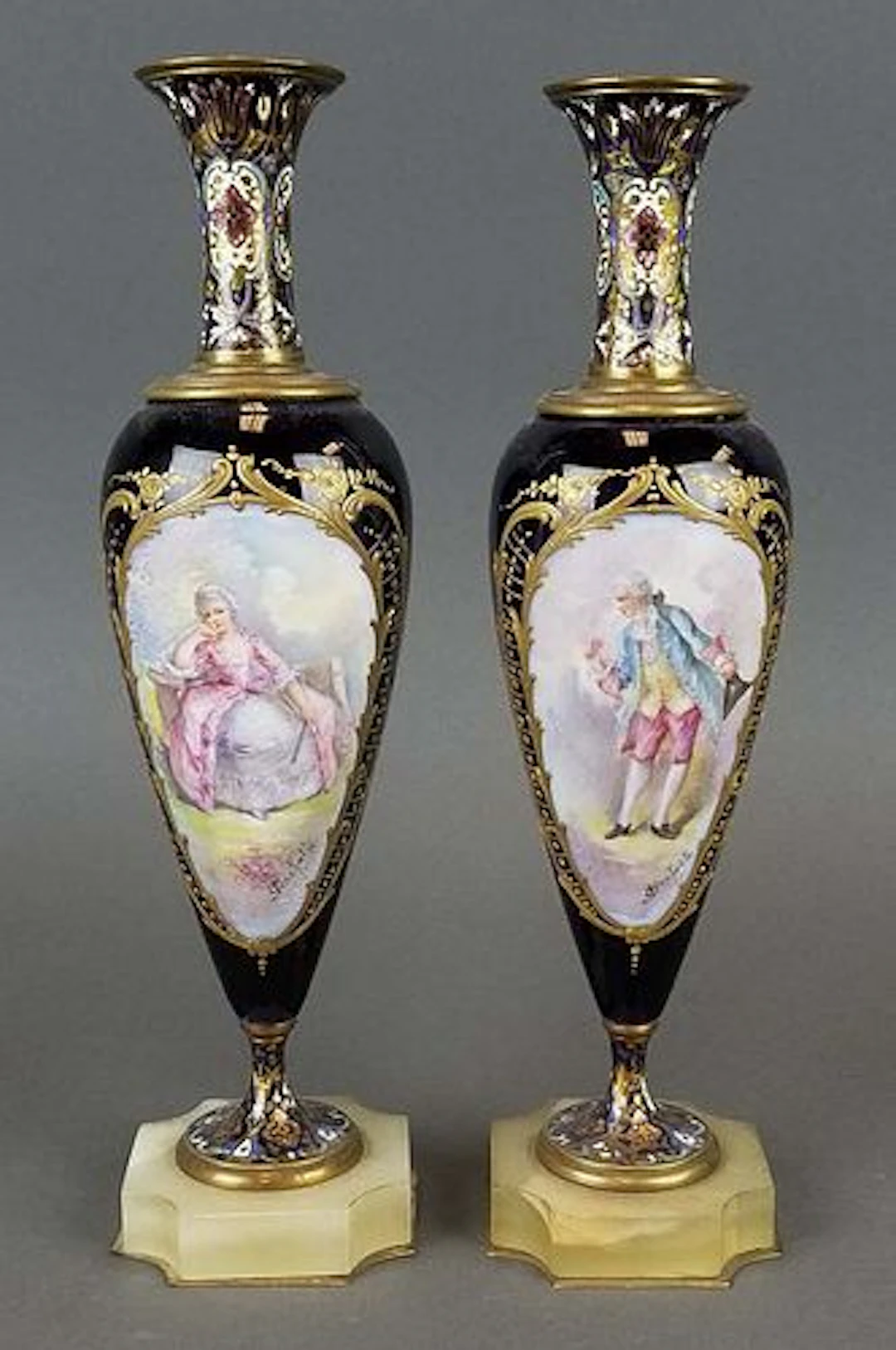 Pair of 19th C. Sevres & Champleve Enamel Vases