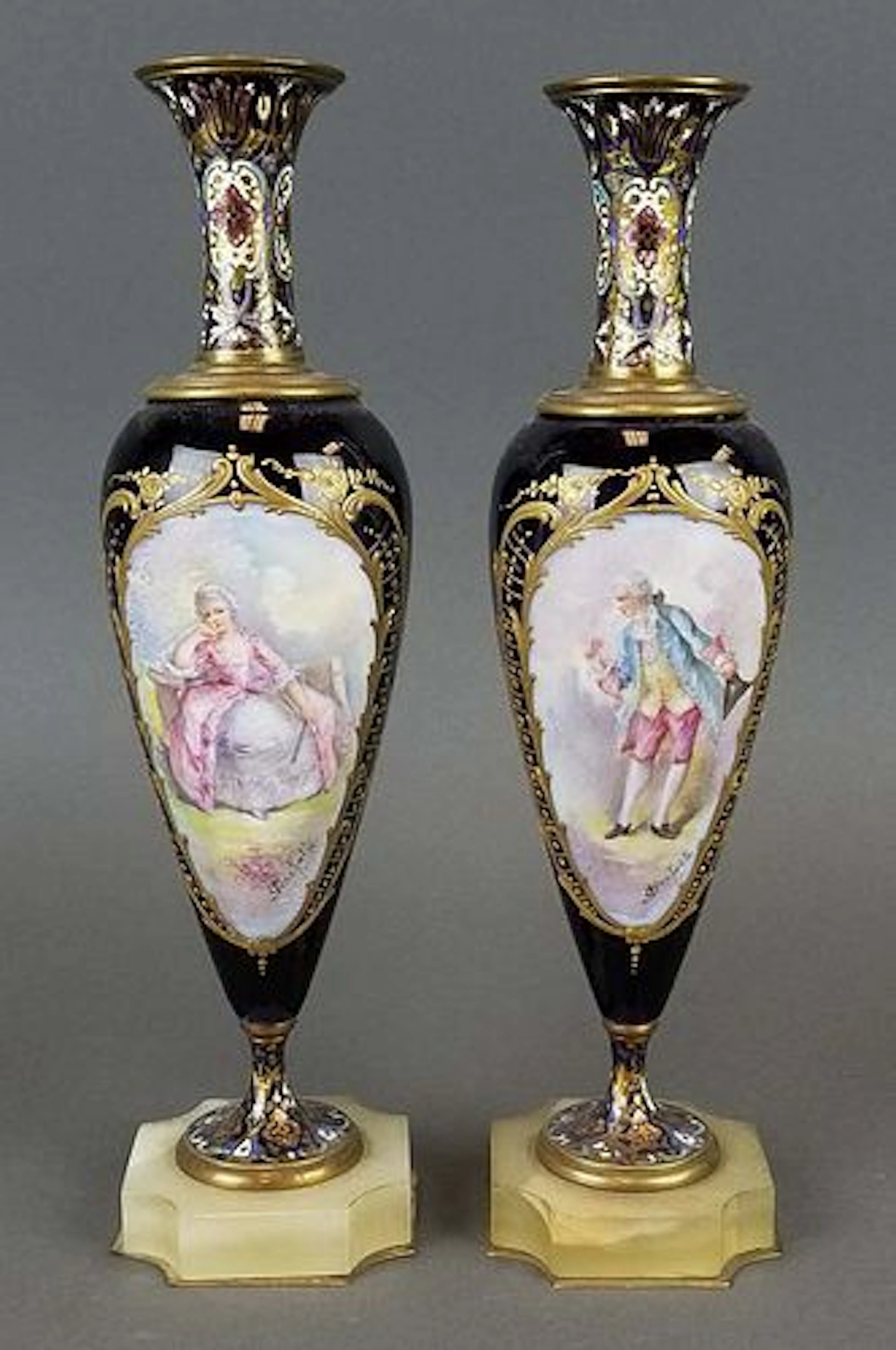Pair of 19th C. Sevres & Champleve Enamel Vases