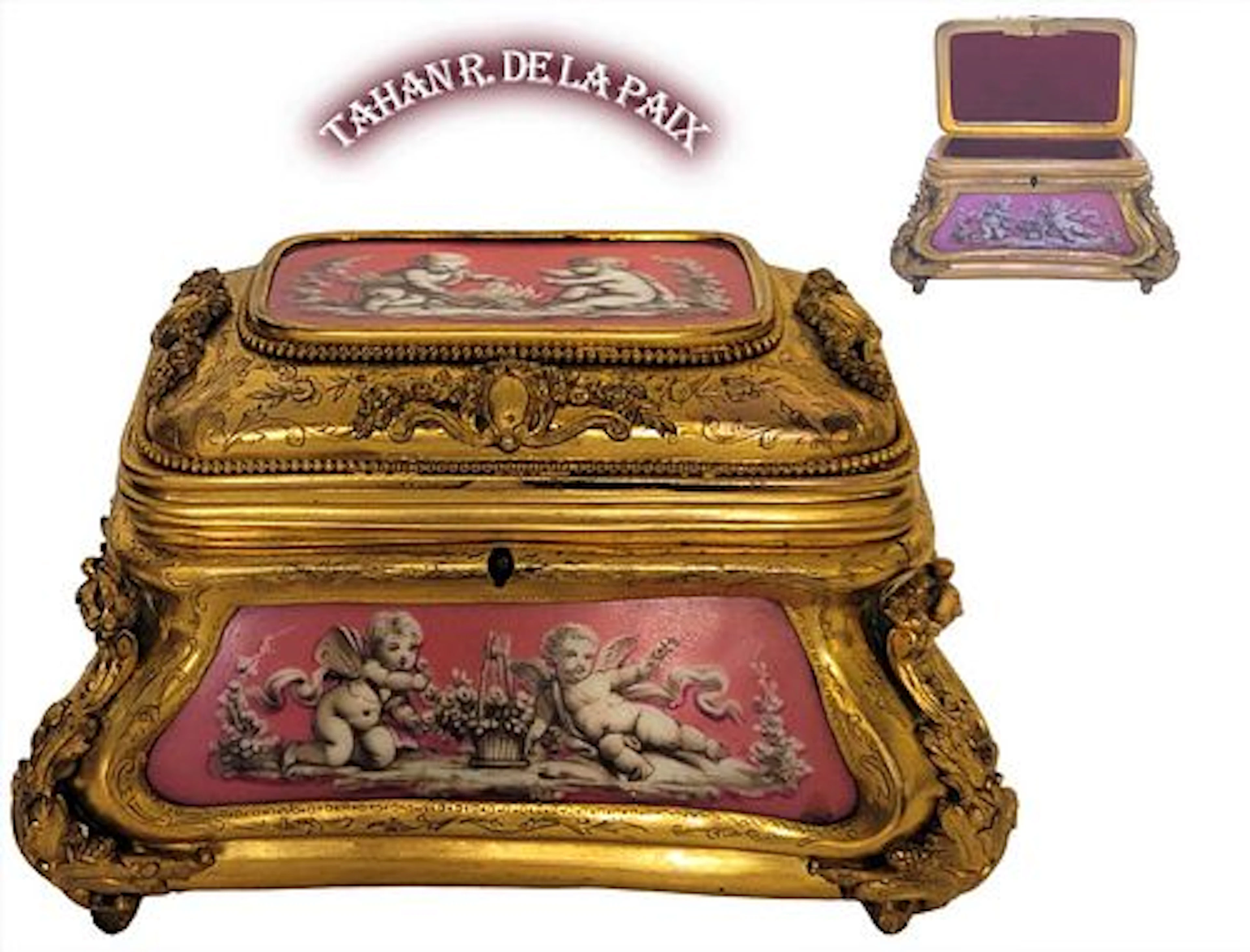 19th C. Pink Sevres Bronze Signed By, Tahan R. De La Paix Jewelry Casket