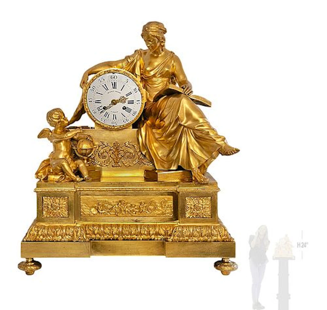 Large 19th C. French Empire Gilt Bronze Figural Clock Signed By Julien Leroy