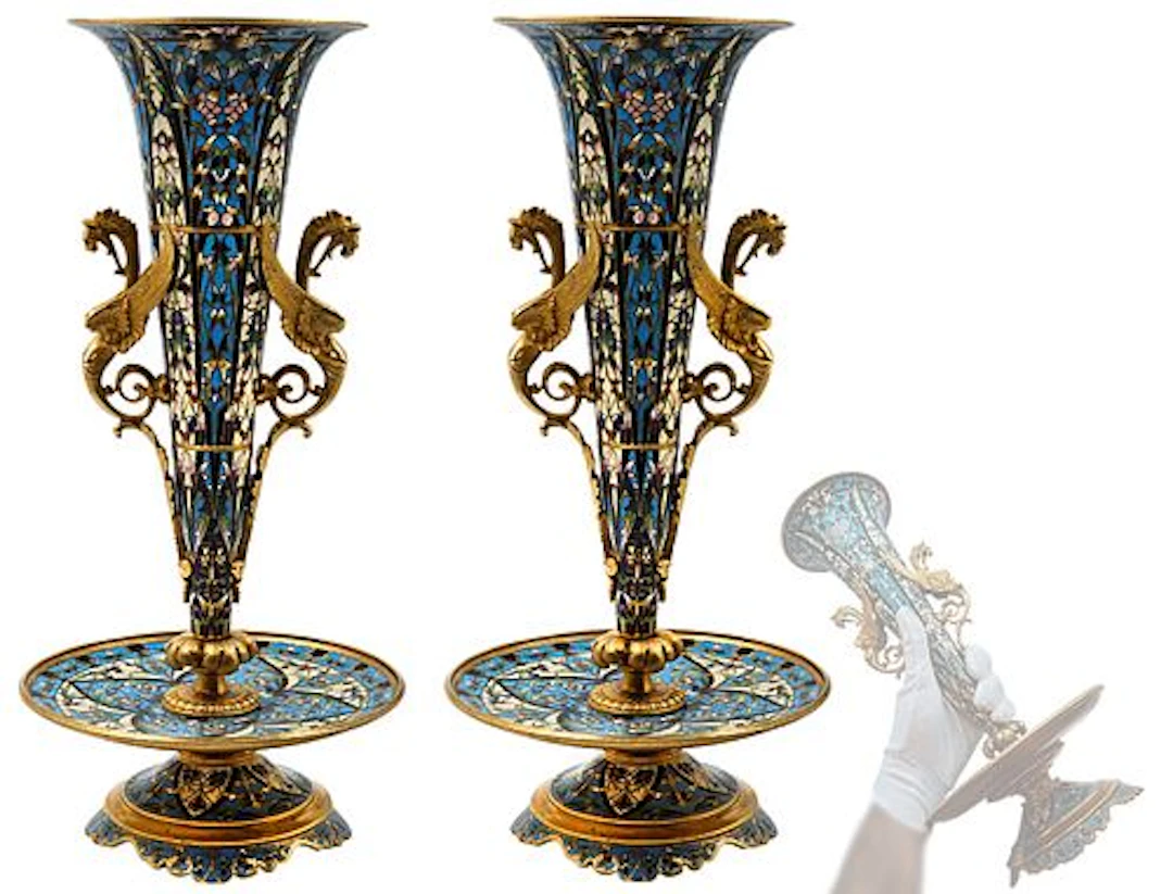Pair Of 19th C. French Enamel Figural Champleve Vases