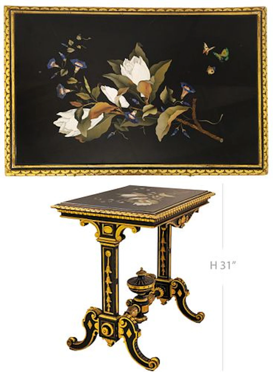 19th C. Italian Giltwood Hand Painted Pietra Dura Table