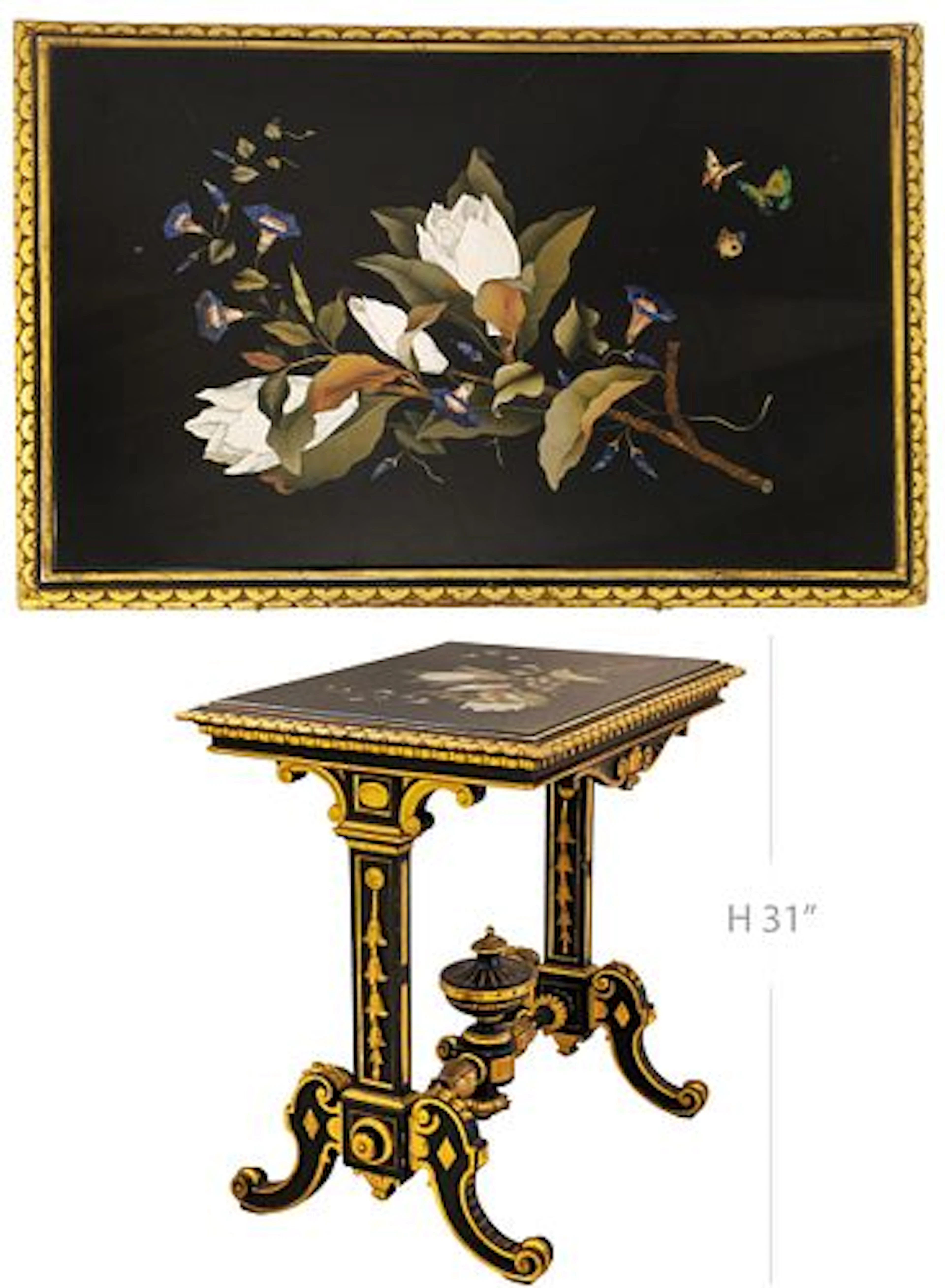 19th C. Italian Giltwood Hand Painted Pietra Dura Table