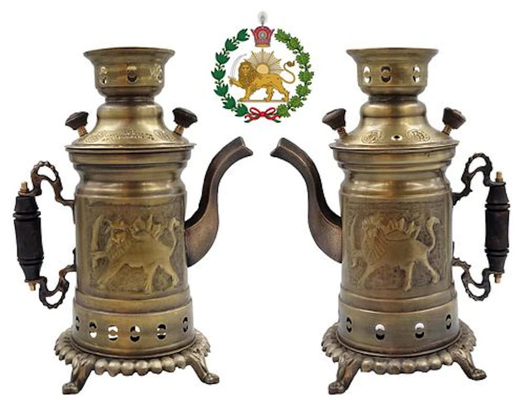 Pair Of Persian, Iranian Brass Signed Samavar With Lion And Son Pahlavi