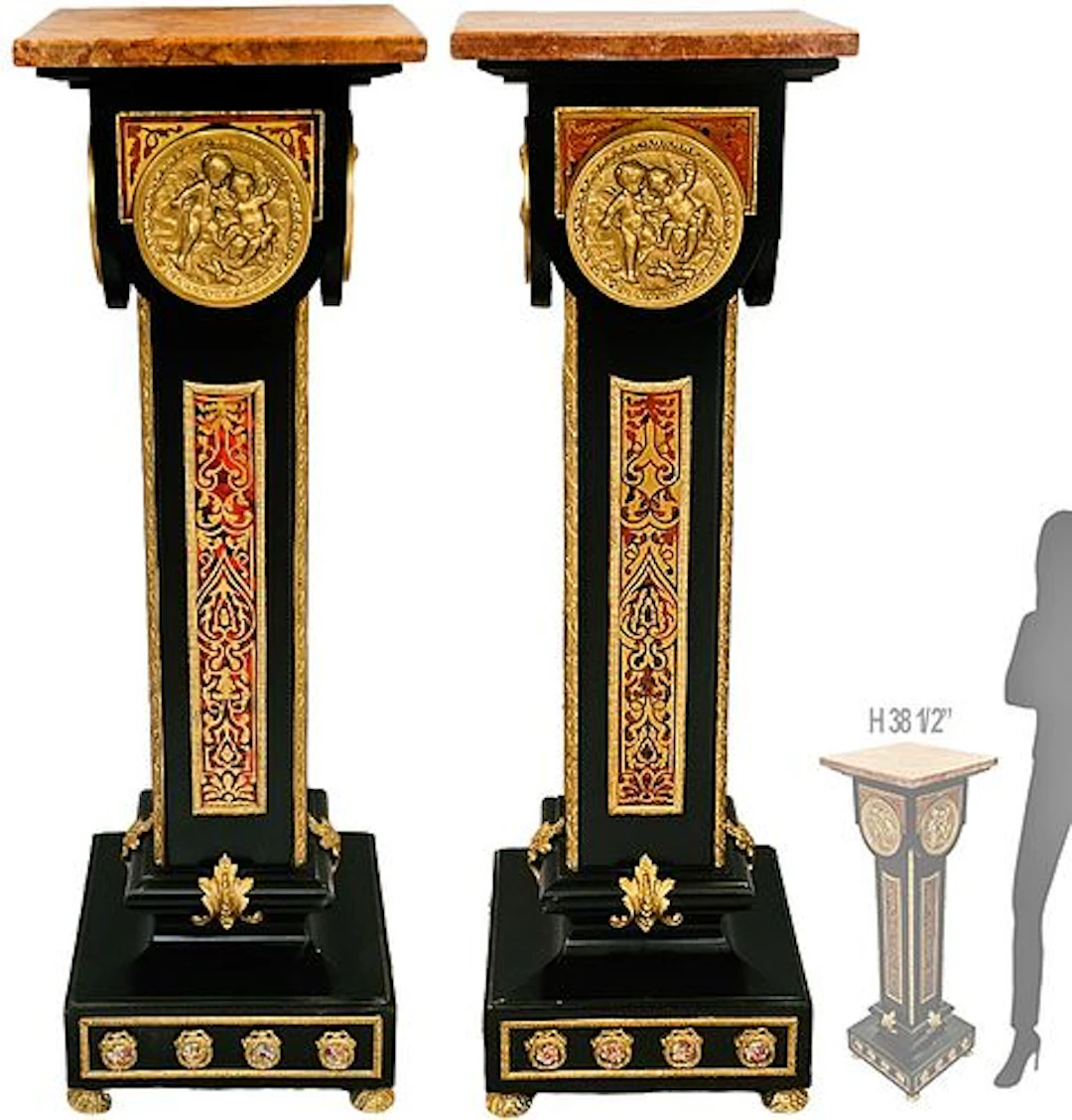 Pair Of 19th C. French Boulle Figural Bronze Mounted Pedestals