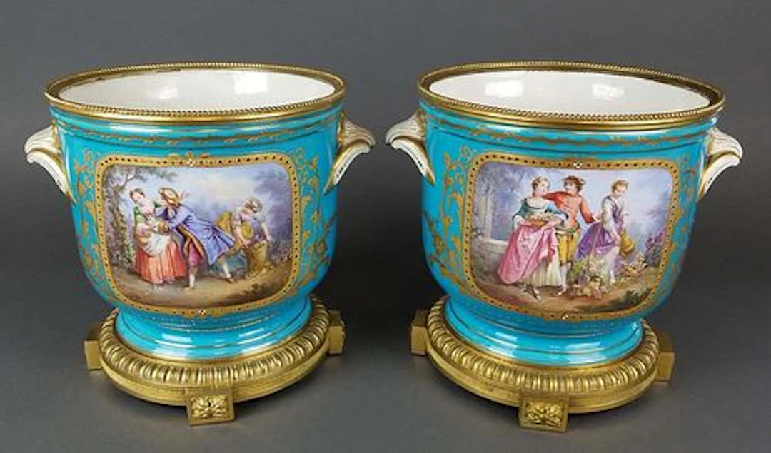 Pair of 19th C. Sevres Turquoise Blue Jardinieres