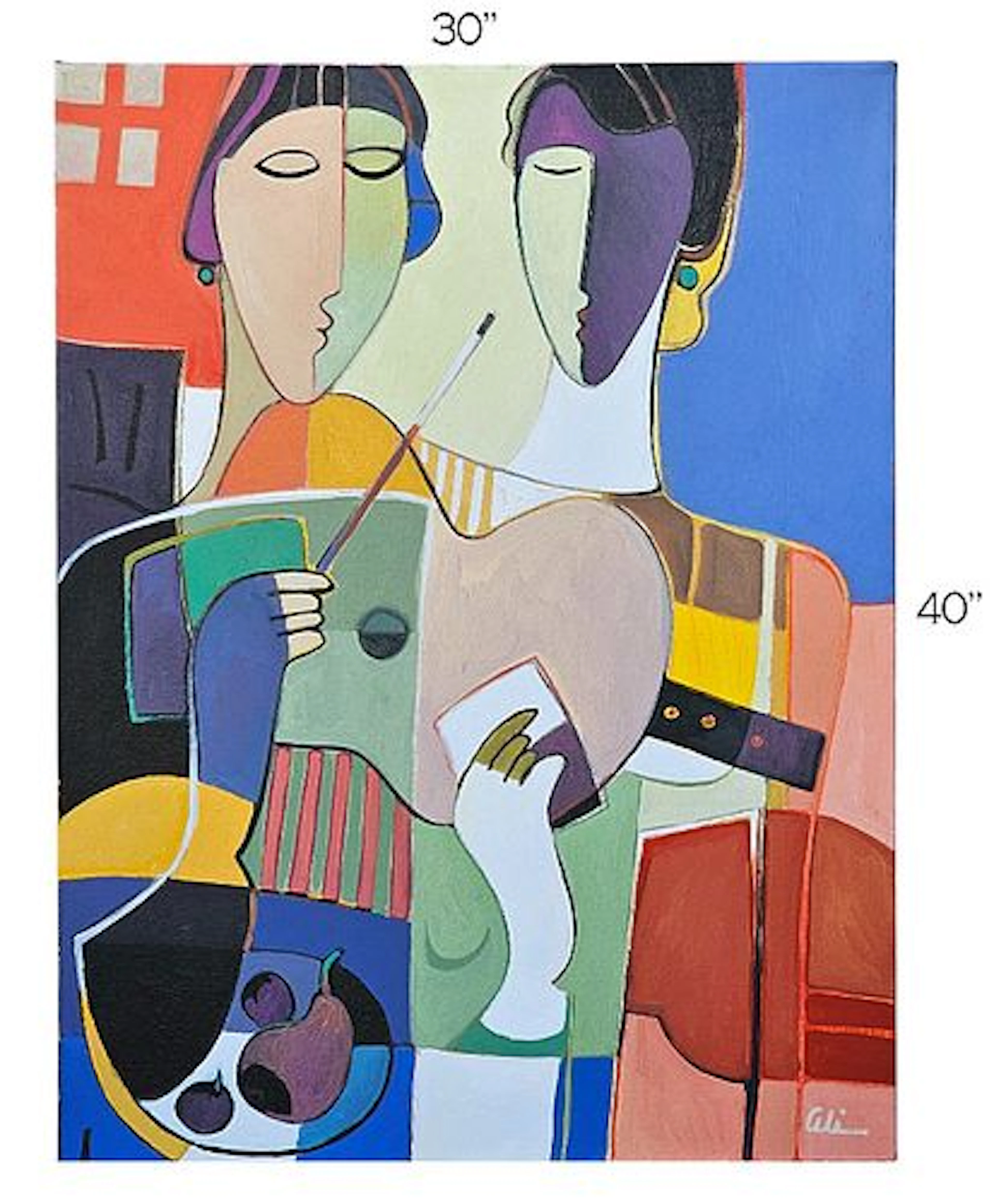 Dual Forms' Acrylic On Canvas Painting, Signed