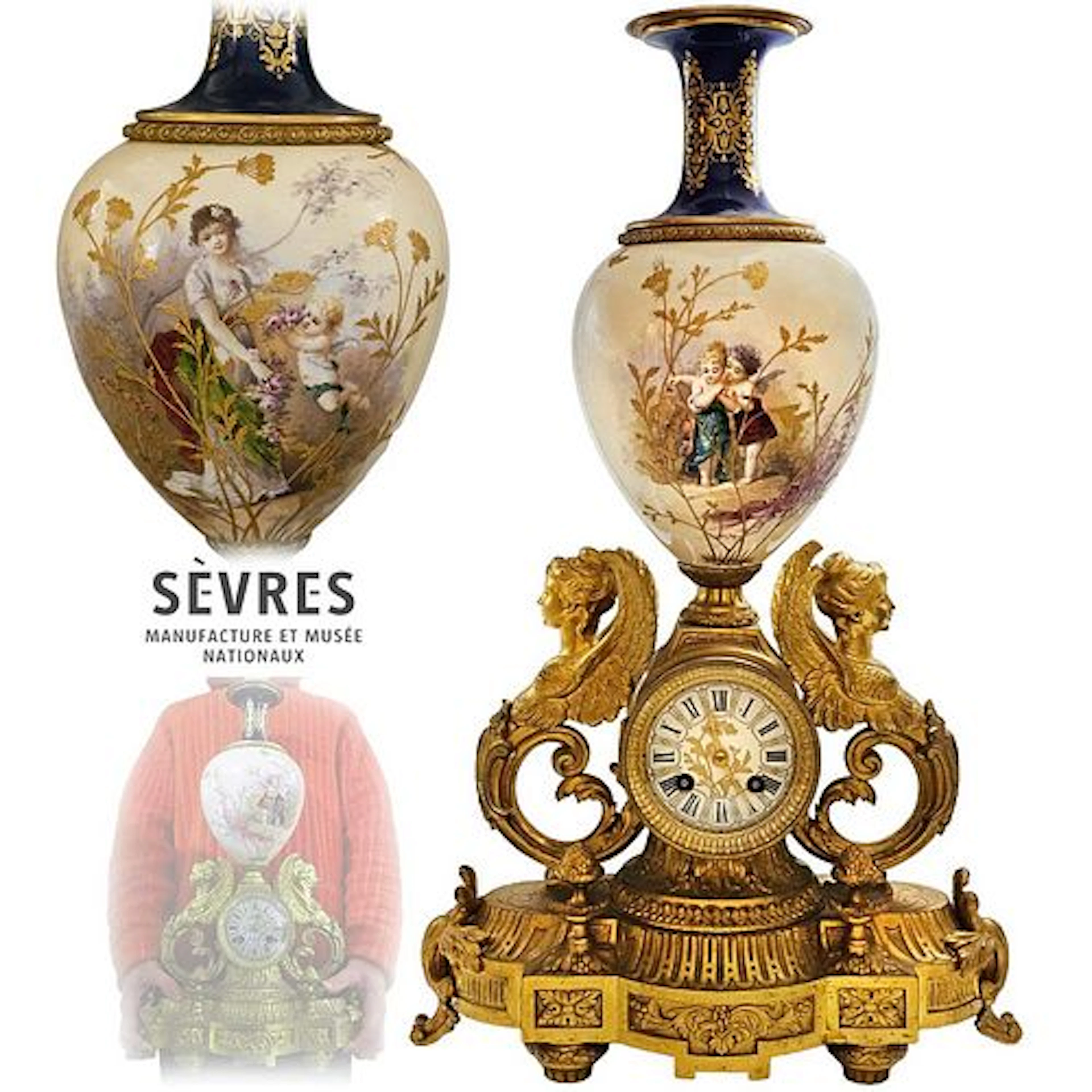 19th C. Figural Bronze Sevres Clock, Signed