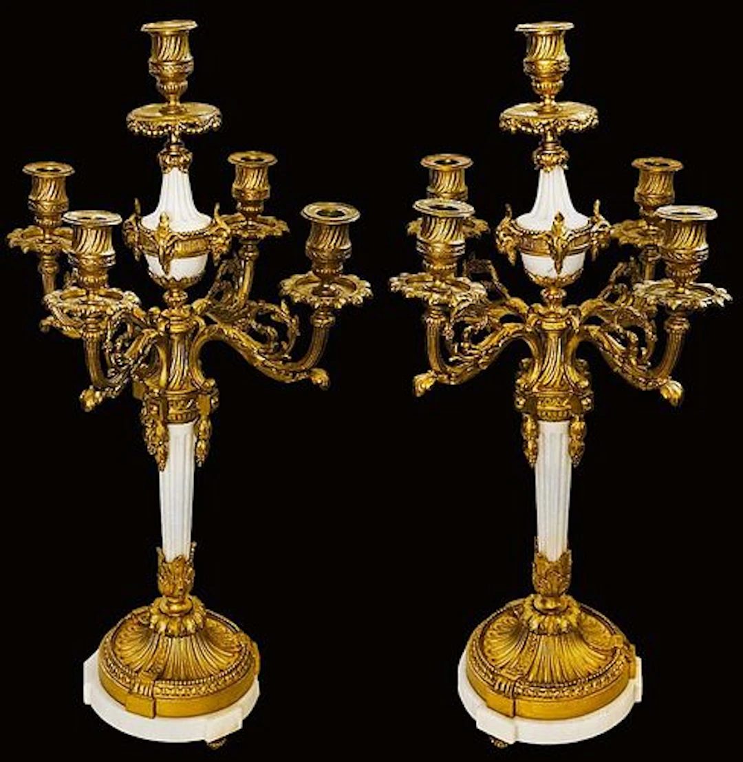 Pair Of 19th C. French Bronzed Marble Candelabras