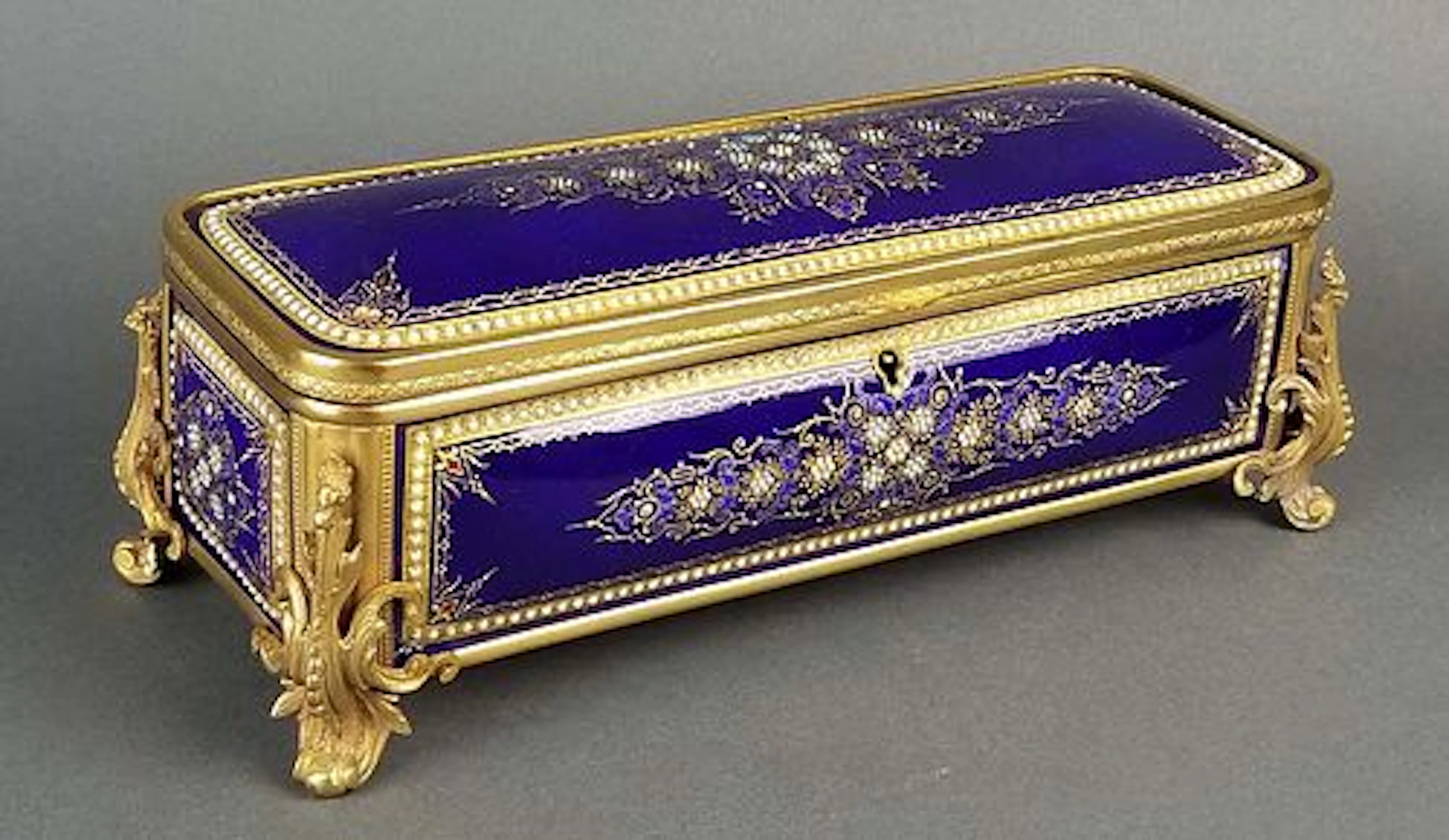 Large French Jewelled Enamel and Bronze Jewelry Box