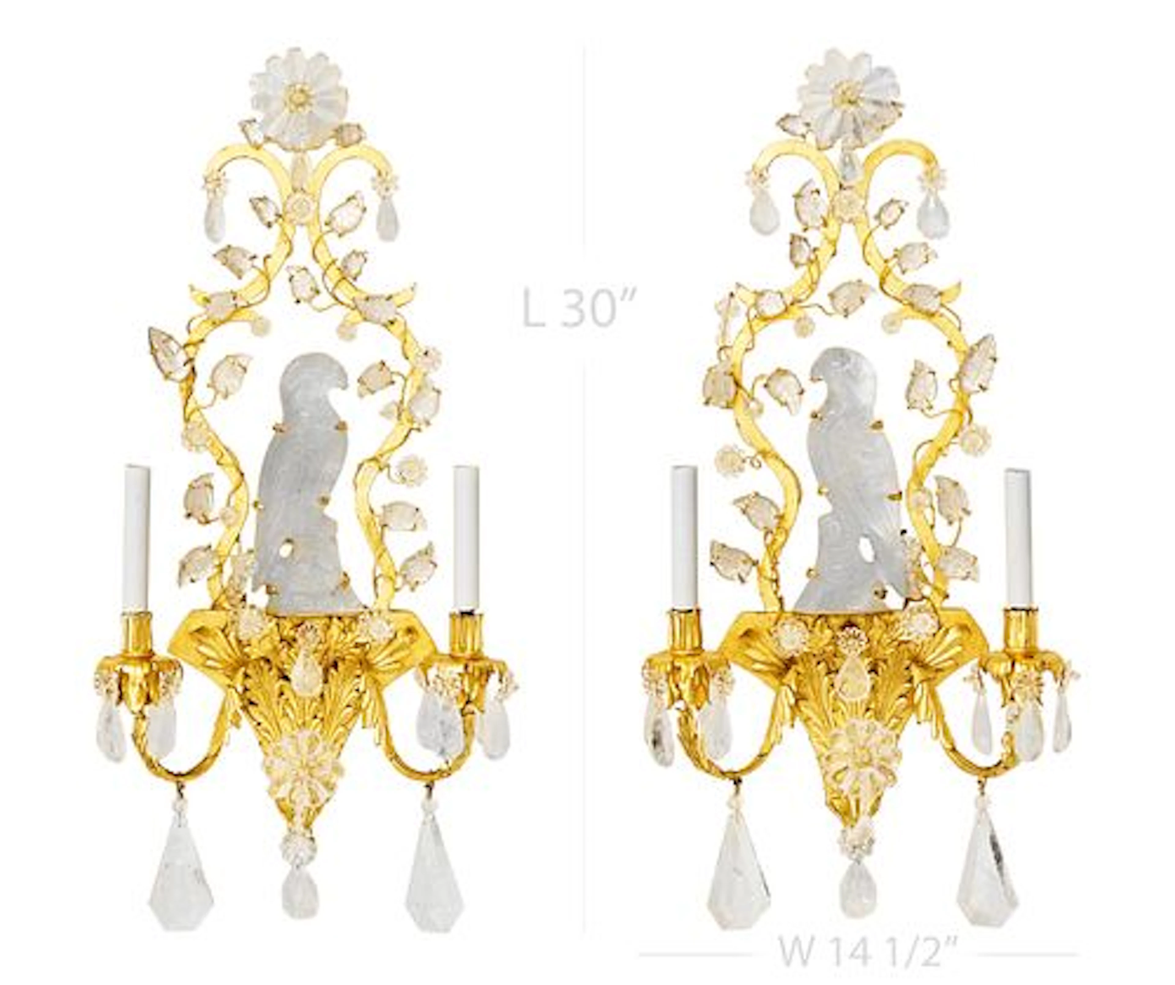 Pair Of Large Maison Bagues Style Rock Crystal Two-Arm Gilt Sconces