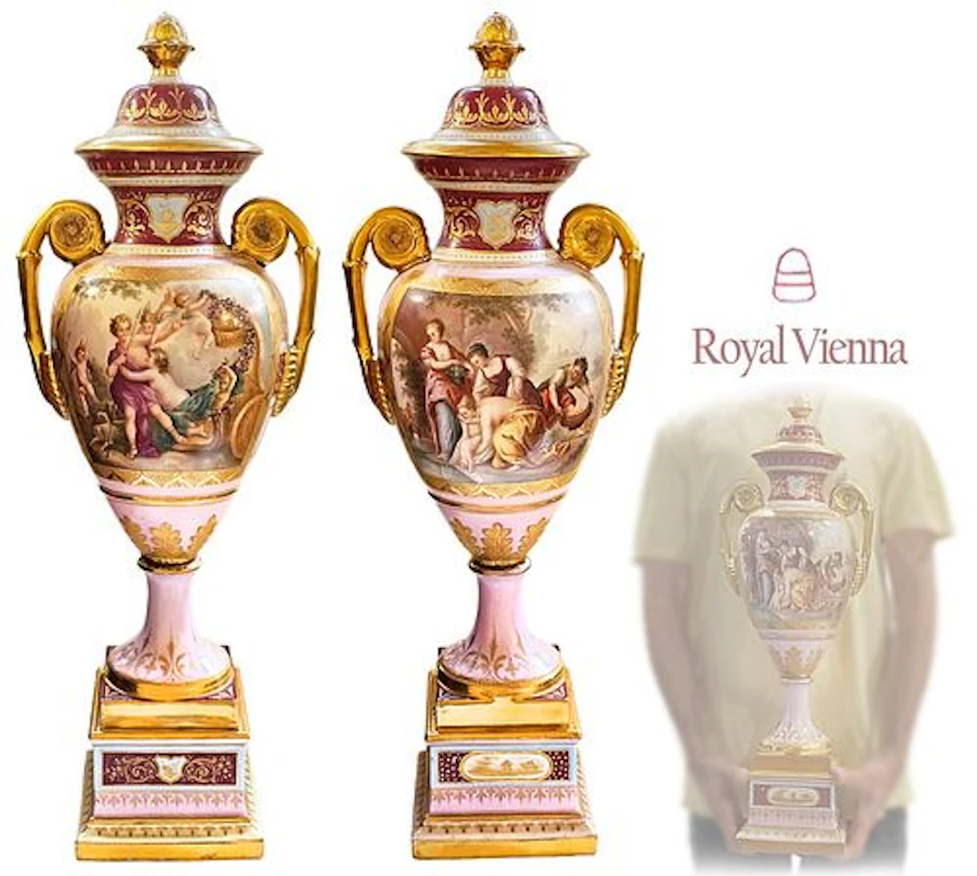 Pair Of 19th C. Hand Painted Royal Vienna Vases / Urns Signed