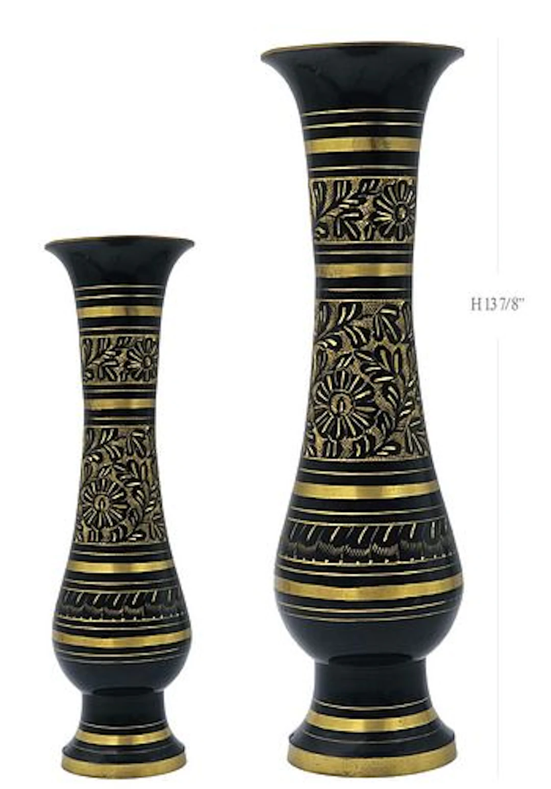Pair Of Vintage Black & Gold Hand Carved Brass Floral Vases