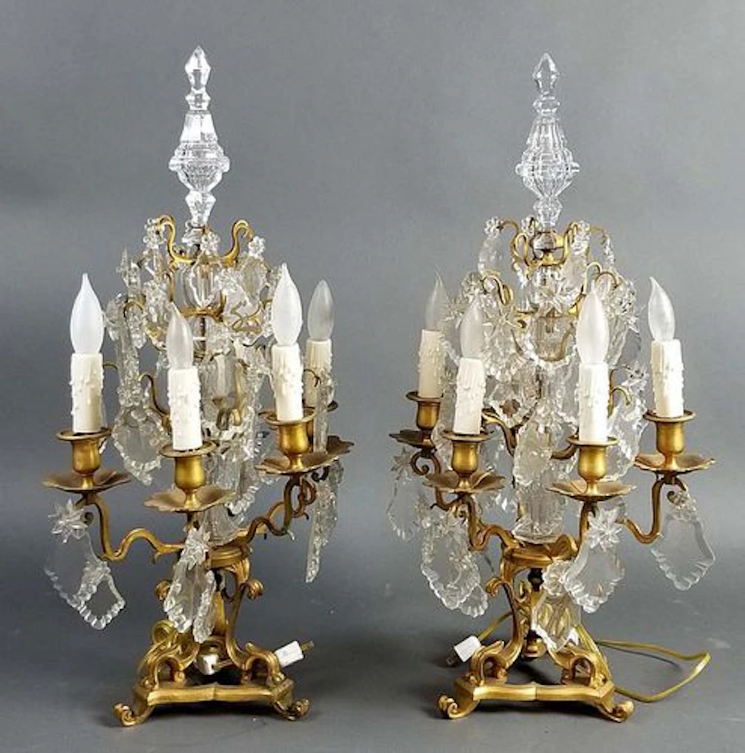 Pair of 19th C. Bronze and Crystal Candelabra Lamps