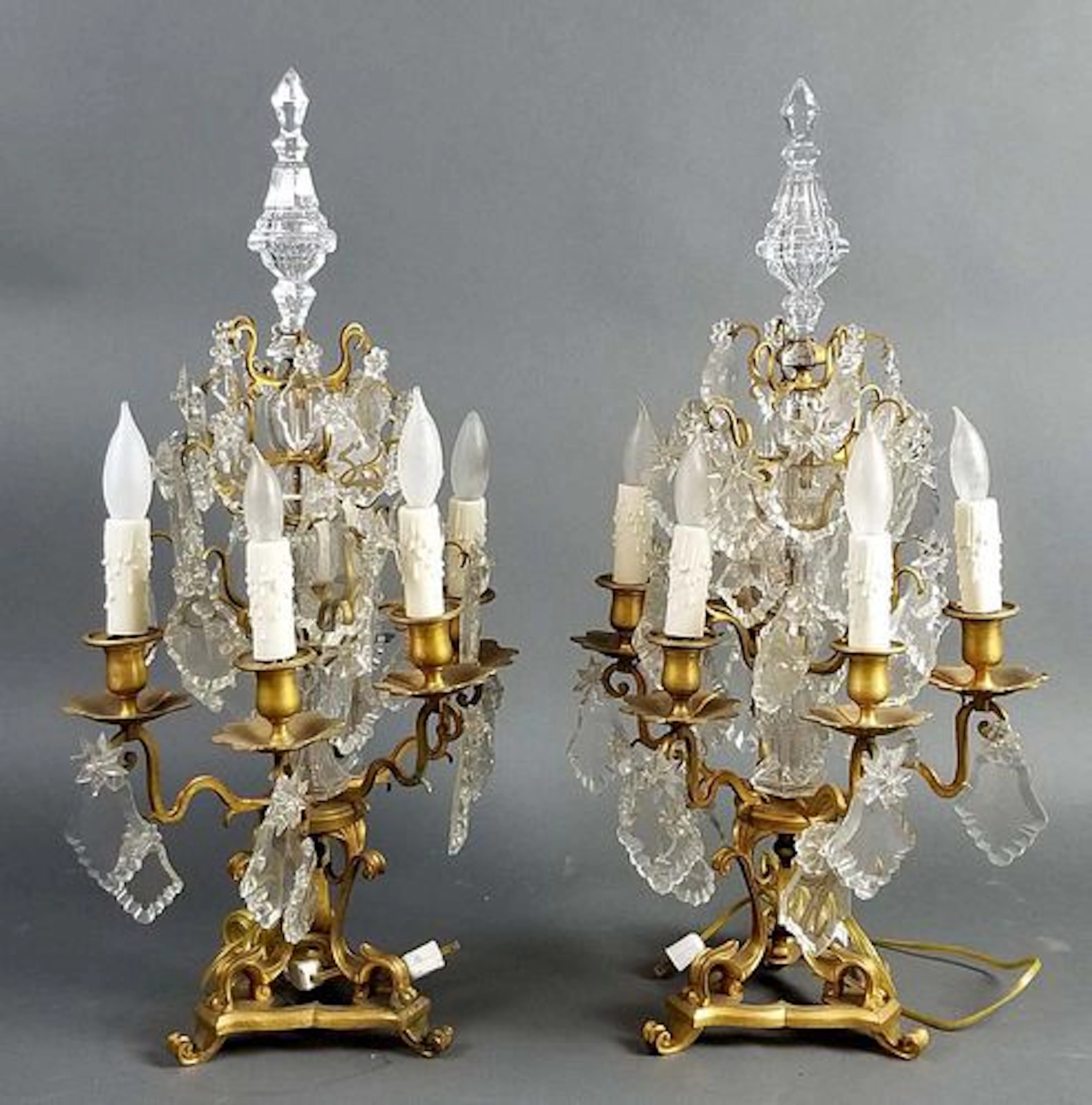 Pair of 19th C. Bronze and Crystal Candelabra Lamps