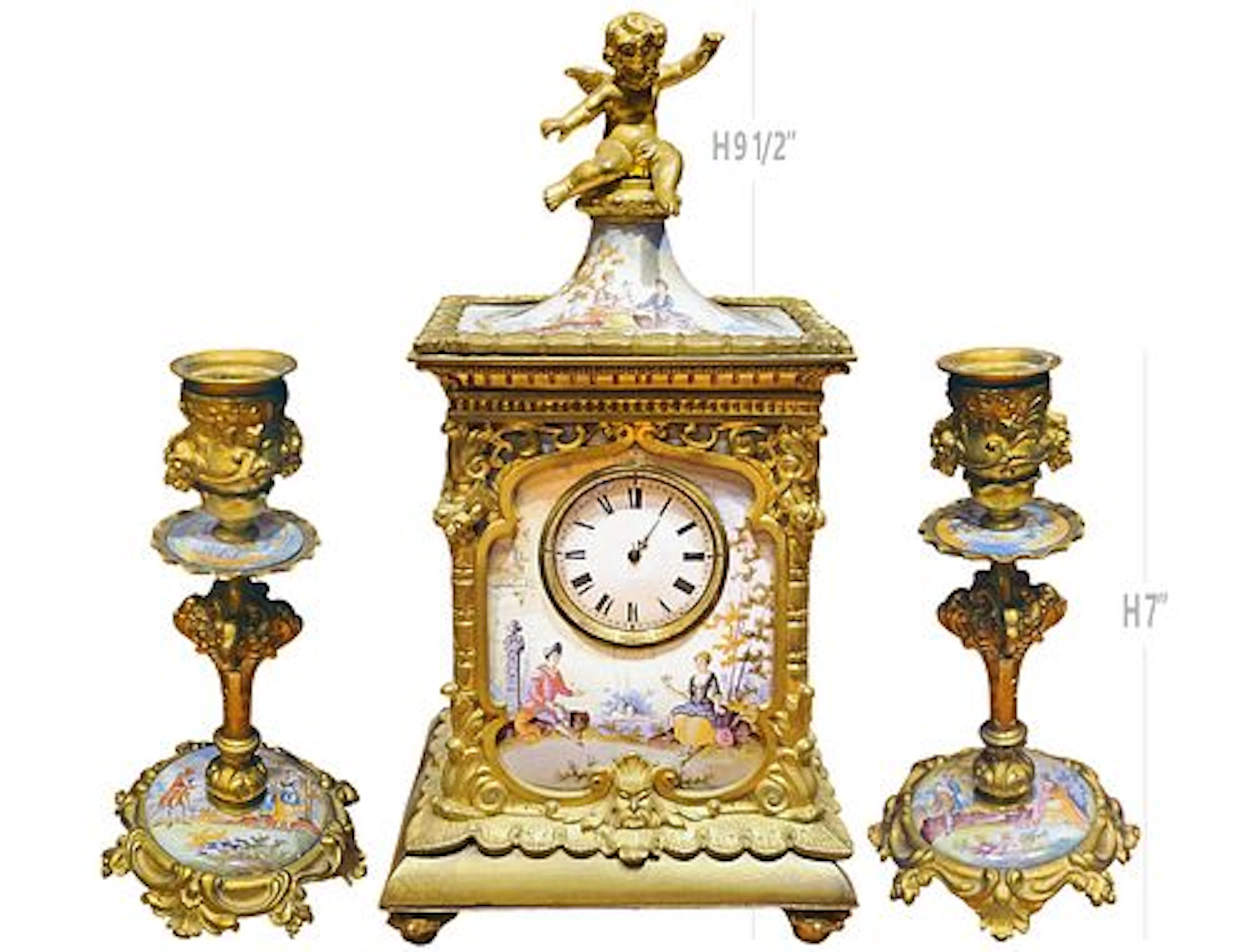 Viennese Enamel & Bronze Clockset