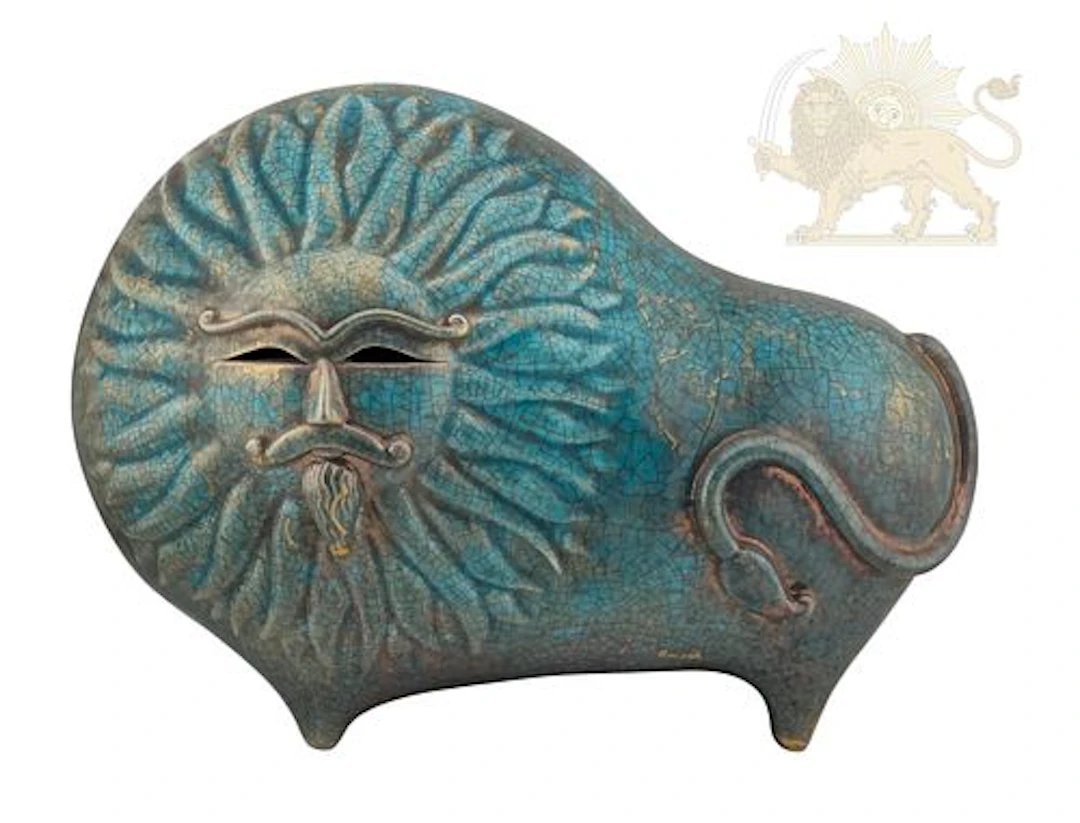 Blue Glazed Lion & Sun Qajar-Pahlavi Era Ceramic Figurine