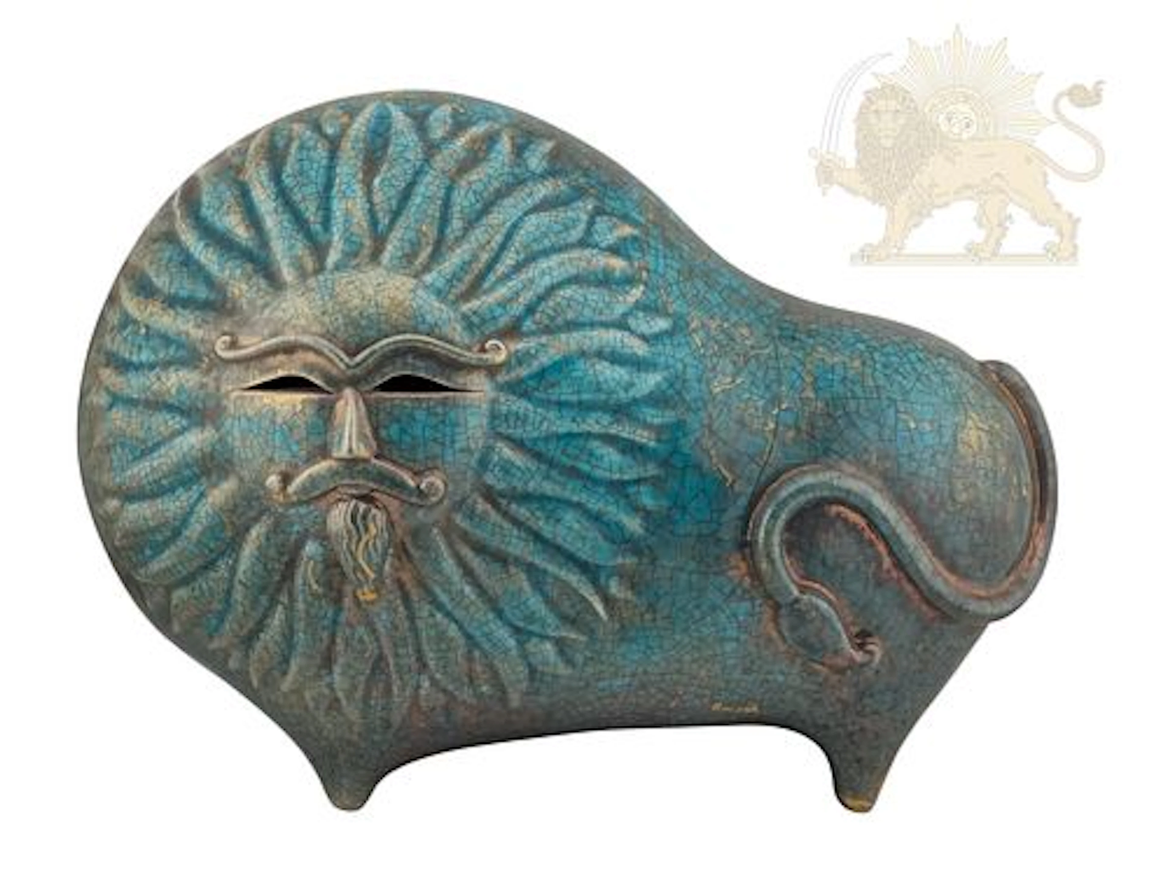 Blue Glazed Lion & Sun Qajar-Pahlavi Era Ceramic Figurine