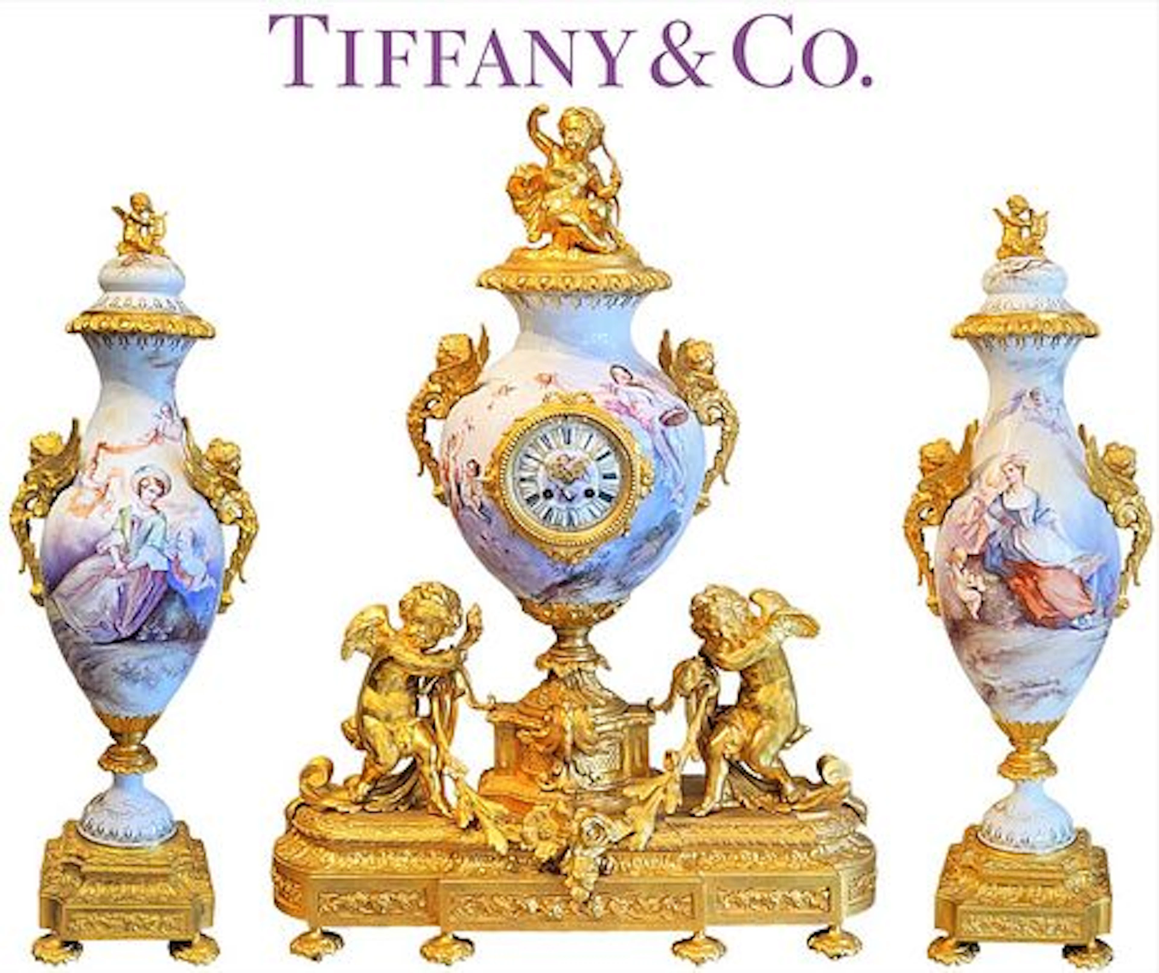 19th C. Sevres Tiffany & Co. French Porcelain & Gilt Bronze Clockset