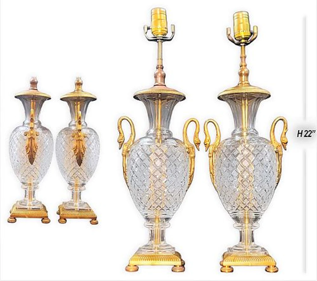 Pair Of 19th C. Abat-jour Baccarat Crystal Cut Mounted Figural Bronze Swan